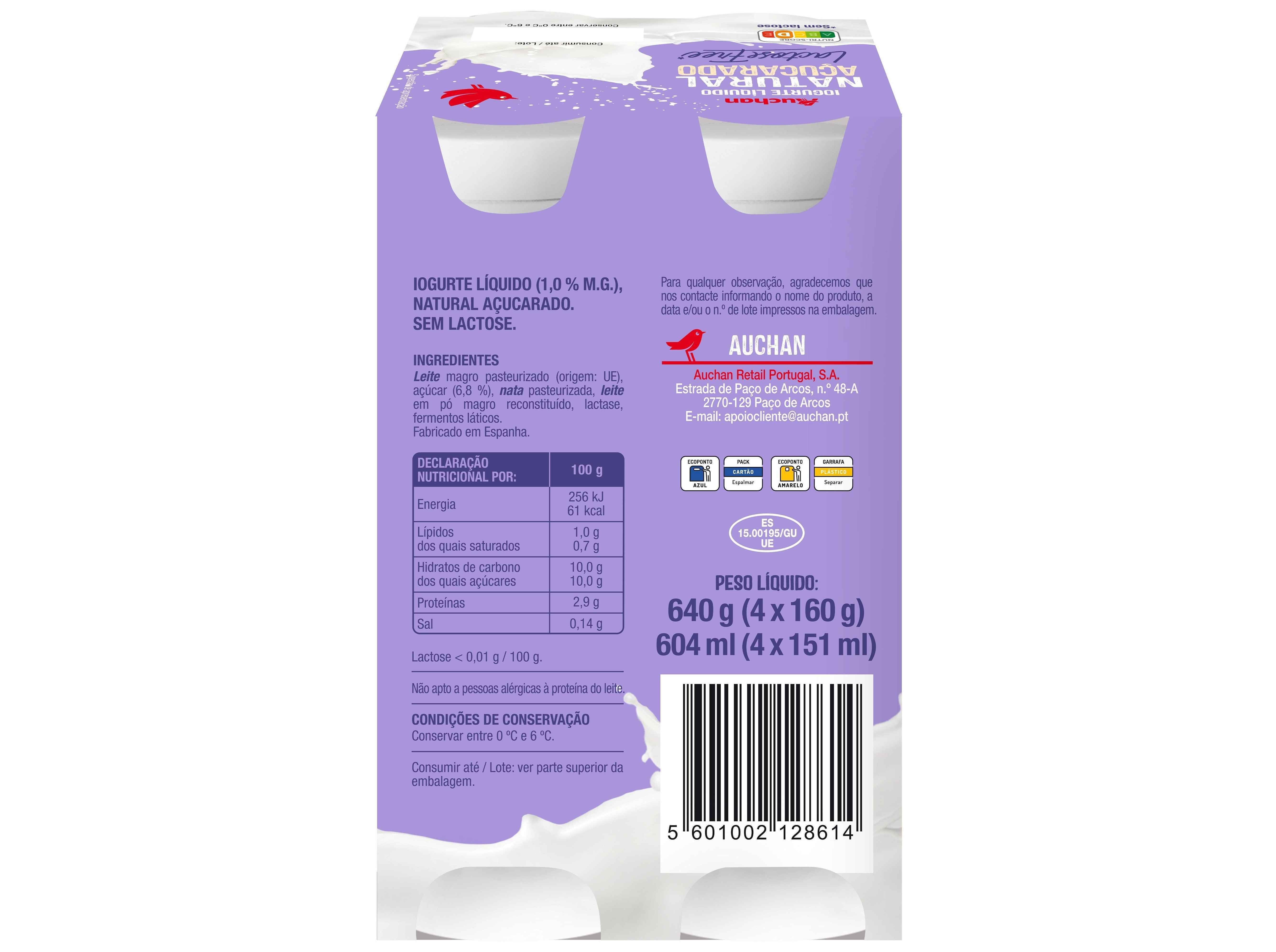 IOGURTE L&Iacute;QUIDO AUCHAN SEM LACTOSE NATURAL A&Ccedil;UCARADO 4X160G image number 1