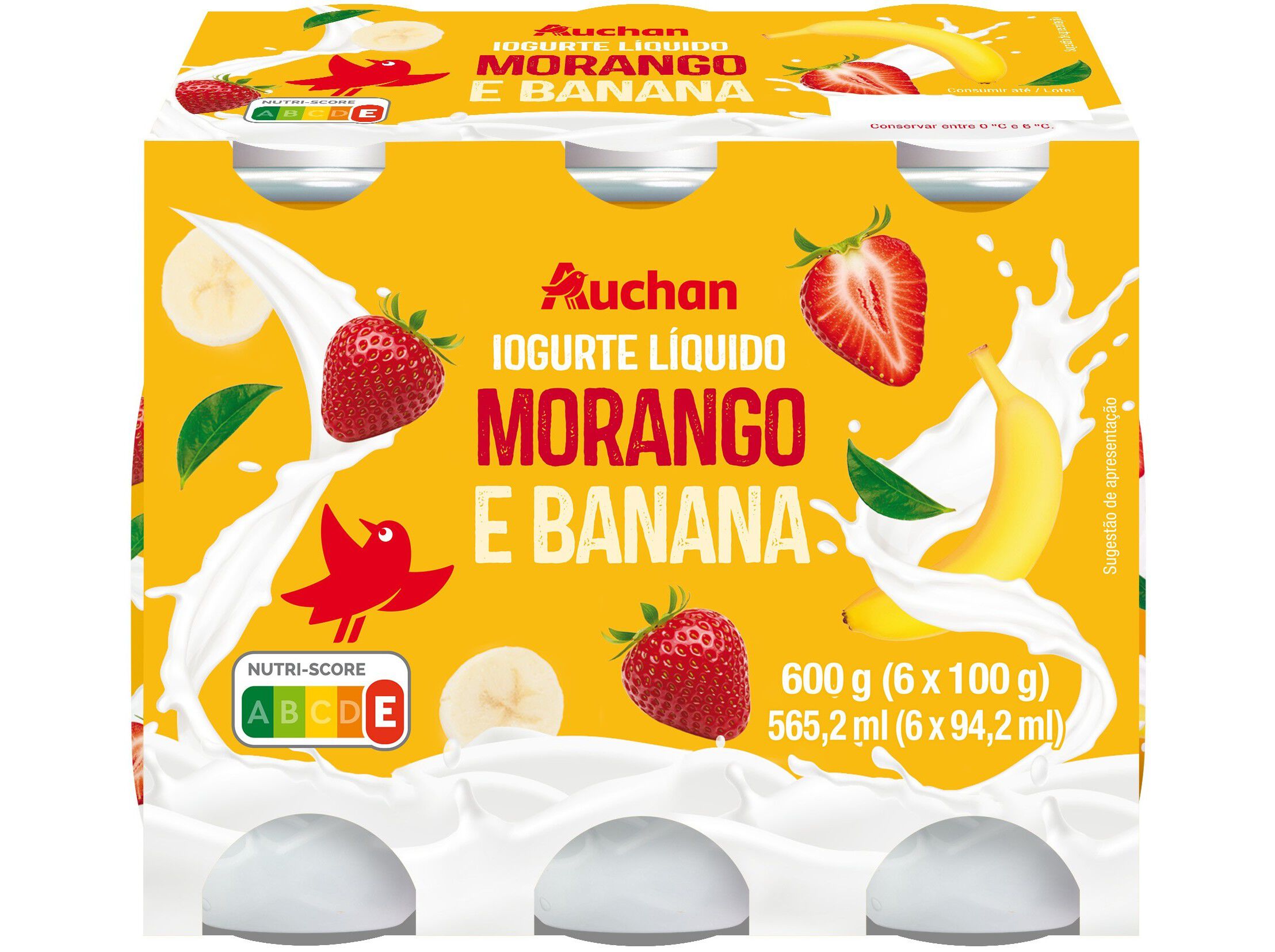 IOGURTE L&Iacute;QUIDO AUCHAN MORANGO E BANANA 6X100G image number 0