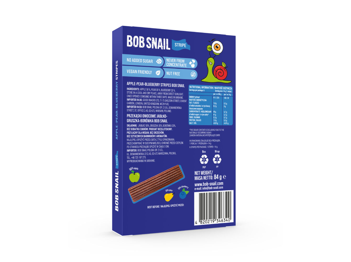 TIRAS DE FRUTA BOB SNAIL MA&Ccedil;&Atilde; PERA E MIRTILO 84 G image number 1