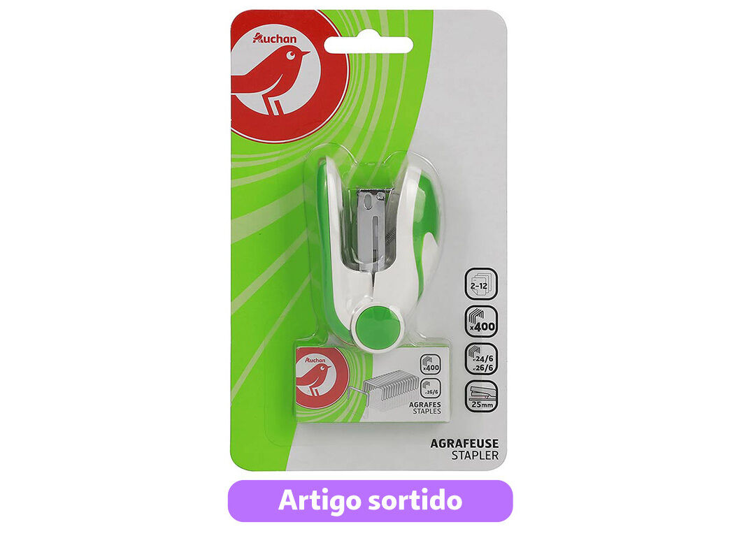 CONJUNTO DE MINI AGRAFADOR 24/6-26/6 AUCHAN E CAIXA COM 400 AGRAFOS CORES SORTIDAS