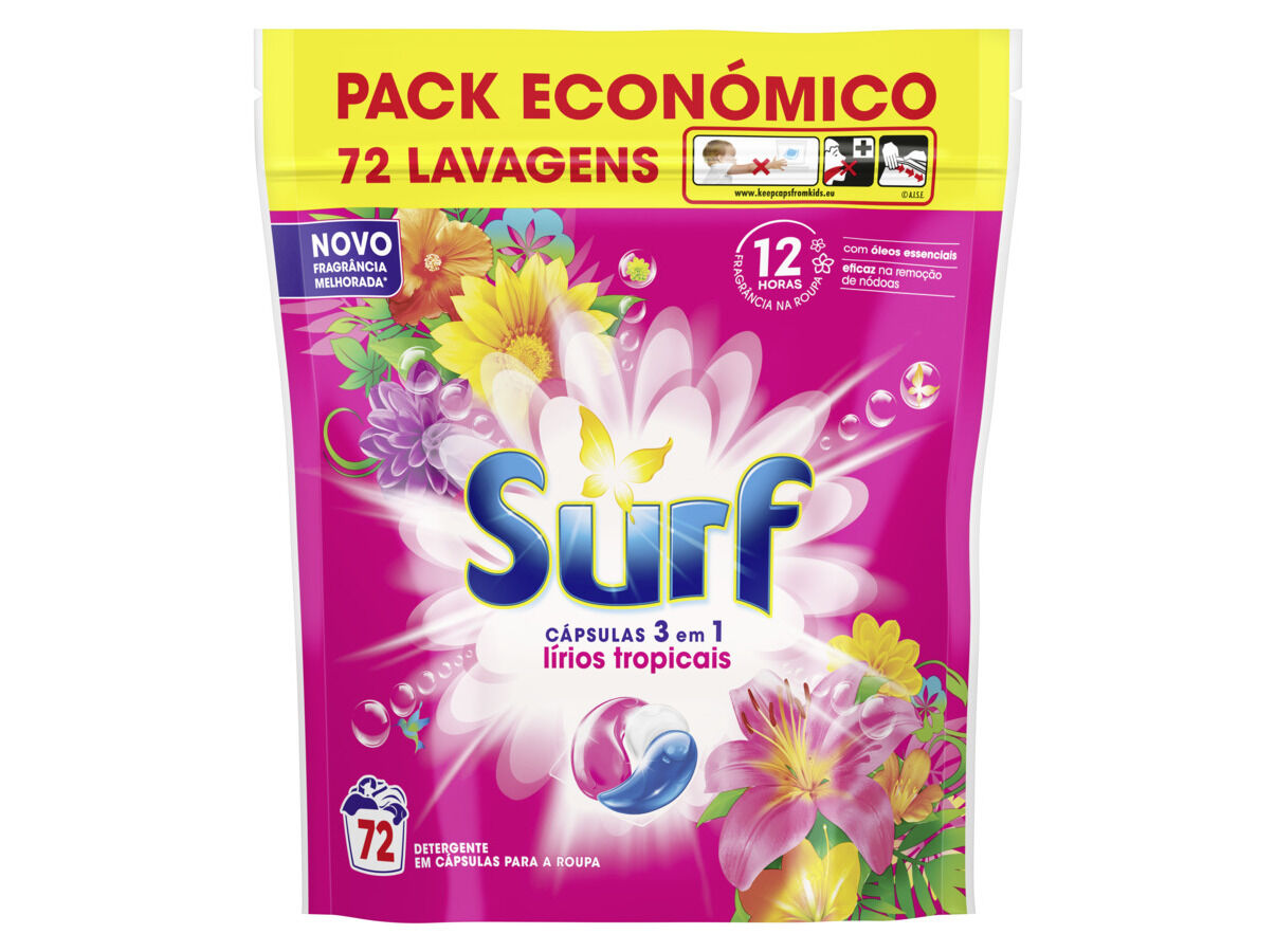 DETERGENTE ROUPA M&Aacute;QUINA C&Aacute;PSULAS SURF TRIO TROPICAL 72D