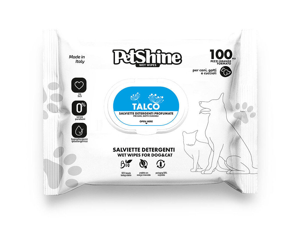 TOALHITAS PARA ANIMAIS PETSHINE TALCO 100 UNIDADES