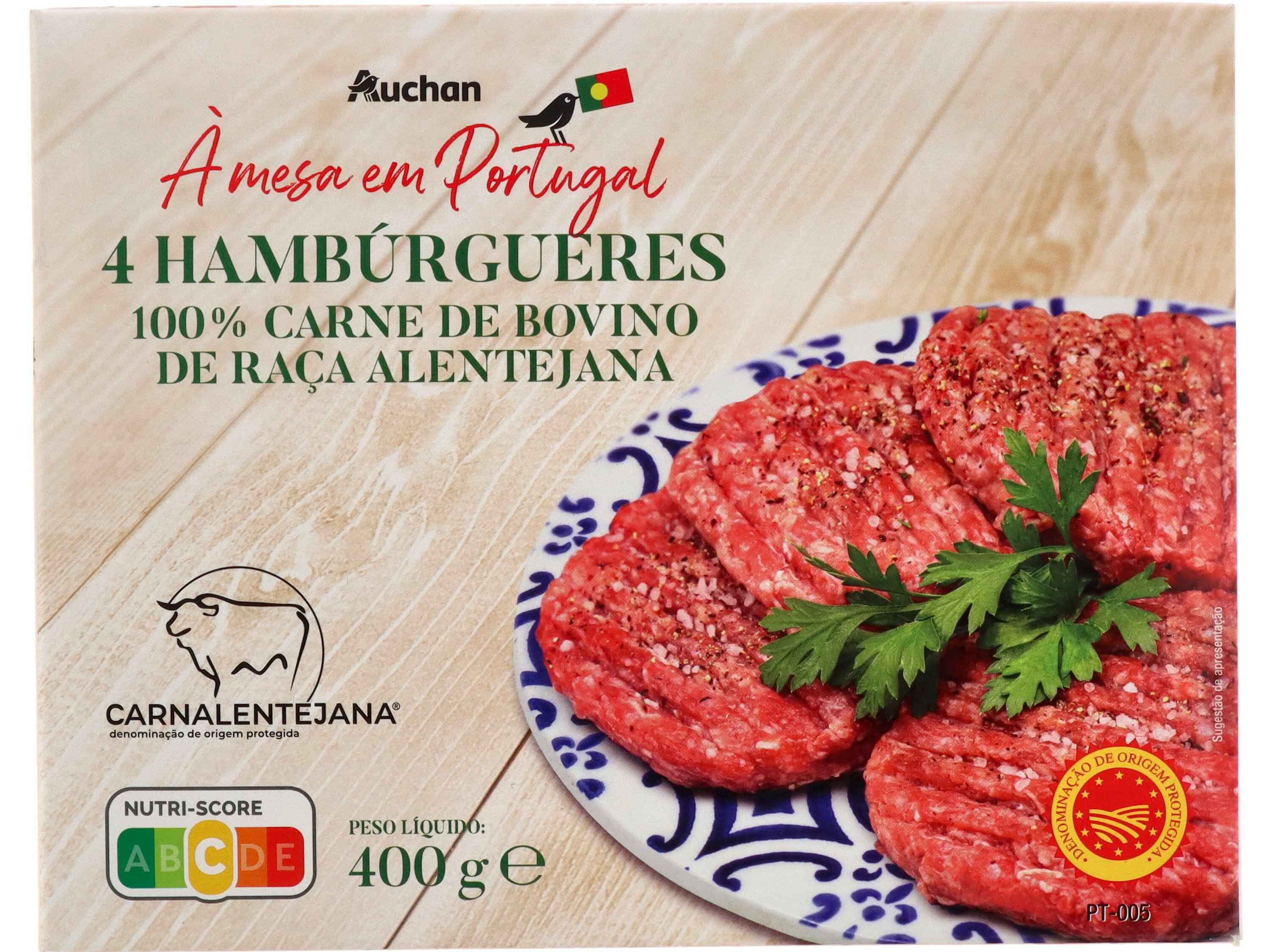 HAMB&Uacute;RGUERES DOP AUCHAN &Agrave; MESA EM PORTUGAL 100% BOVINO ALENTEJANO 4X100G