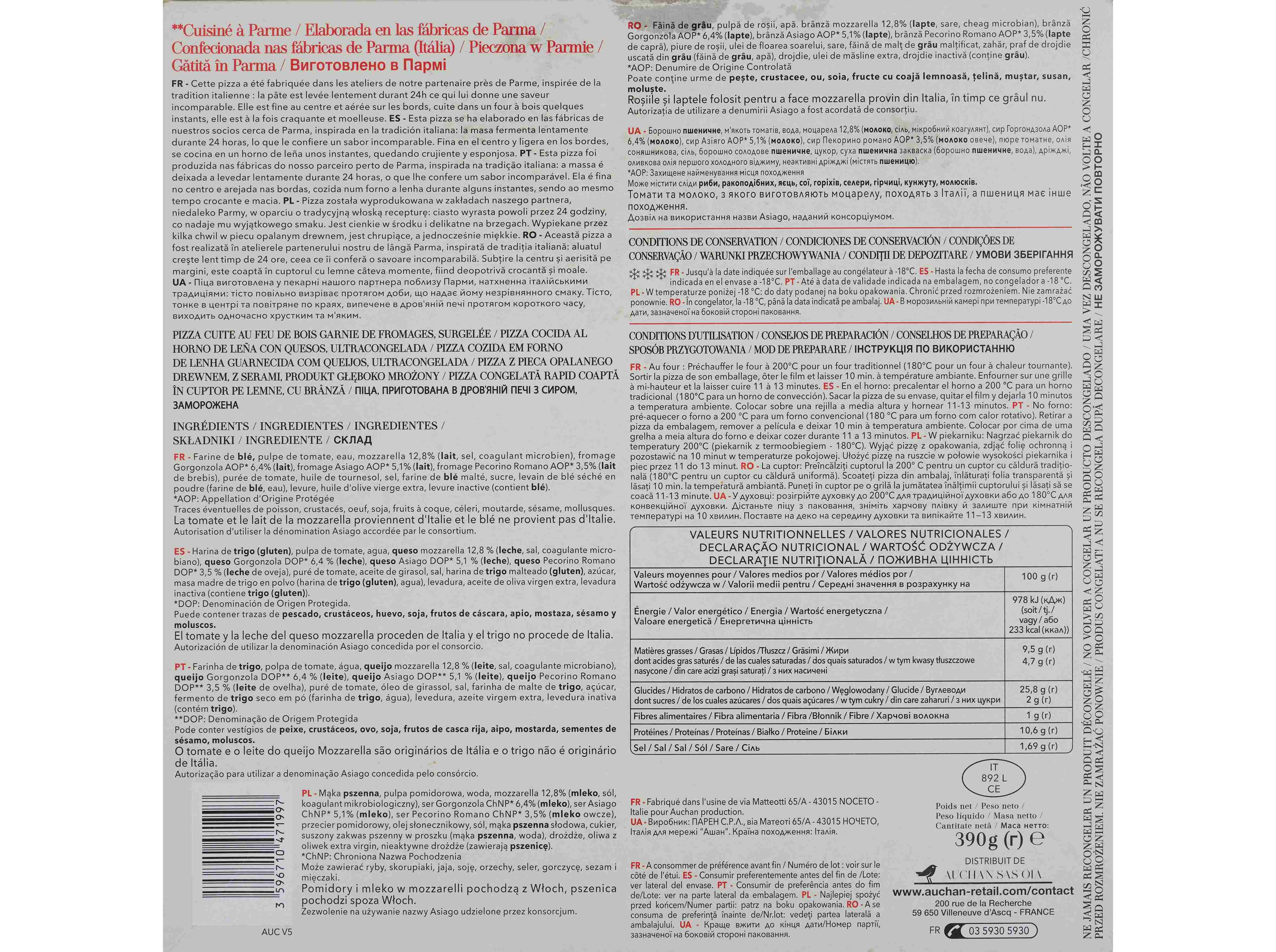 PIZZA AUCHAN &Agrave; MESA EM IT&Aacute;LIA 4 FORMAGGI 390G image number 2