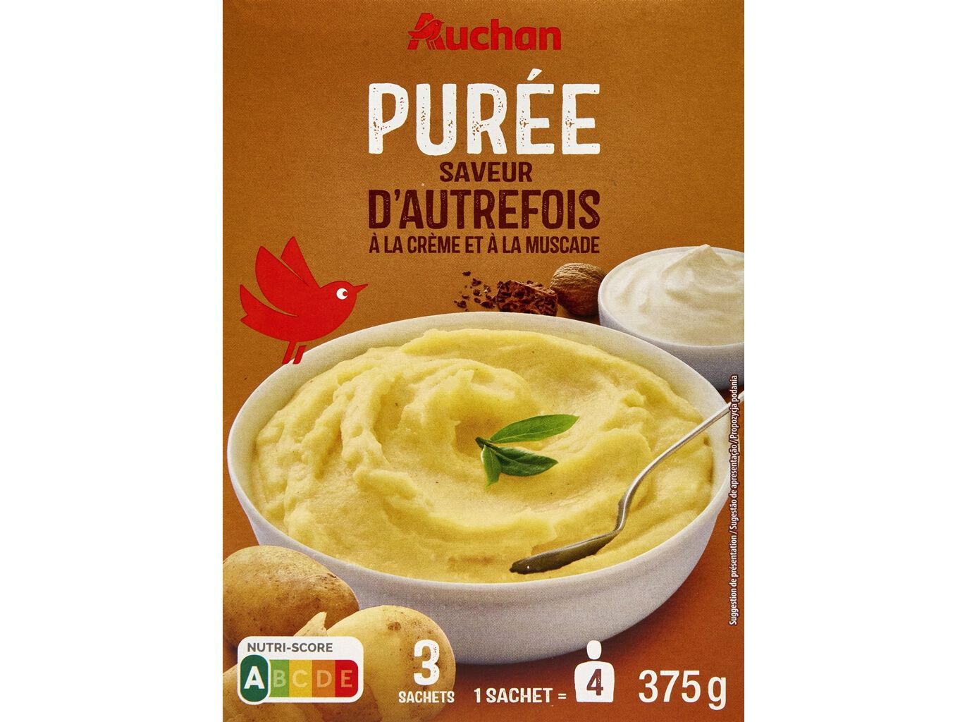 PUR&Eacute; DE BATATA AUCHAN NATAS NOZ-MOSC. 375G(3X125G