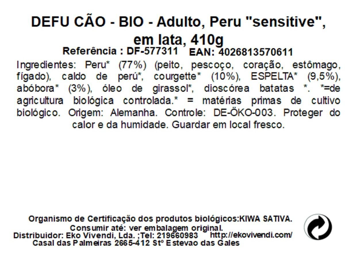 COMIDA H&Uacute;MIDA BIO C&Atilde;O DEFU SENSITIVE PERU 410G image number 1