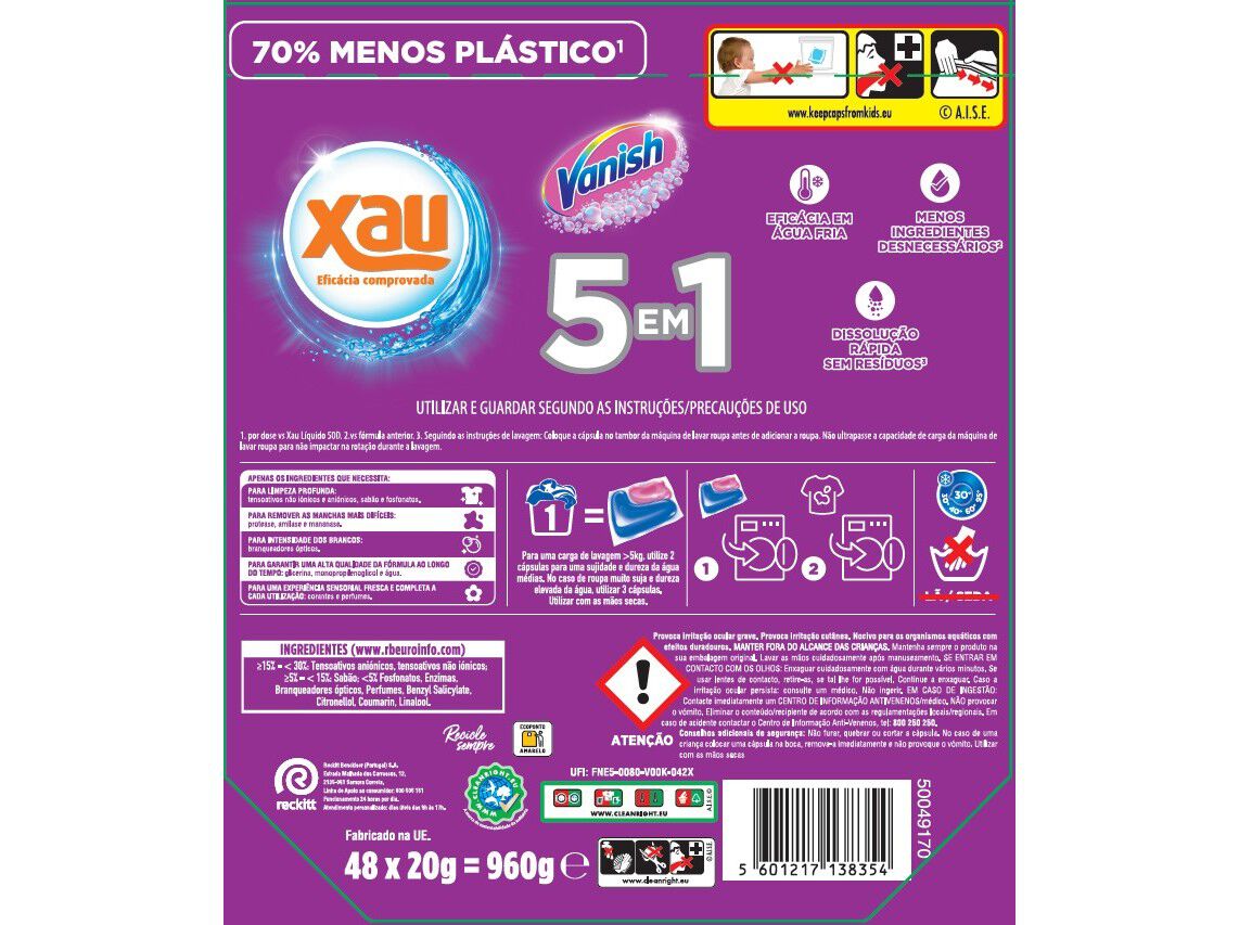 DETERGENTE ROUPA C&Aacute;PSULAS XAU + VANISH 48 UN image number 1