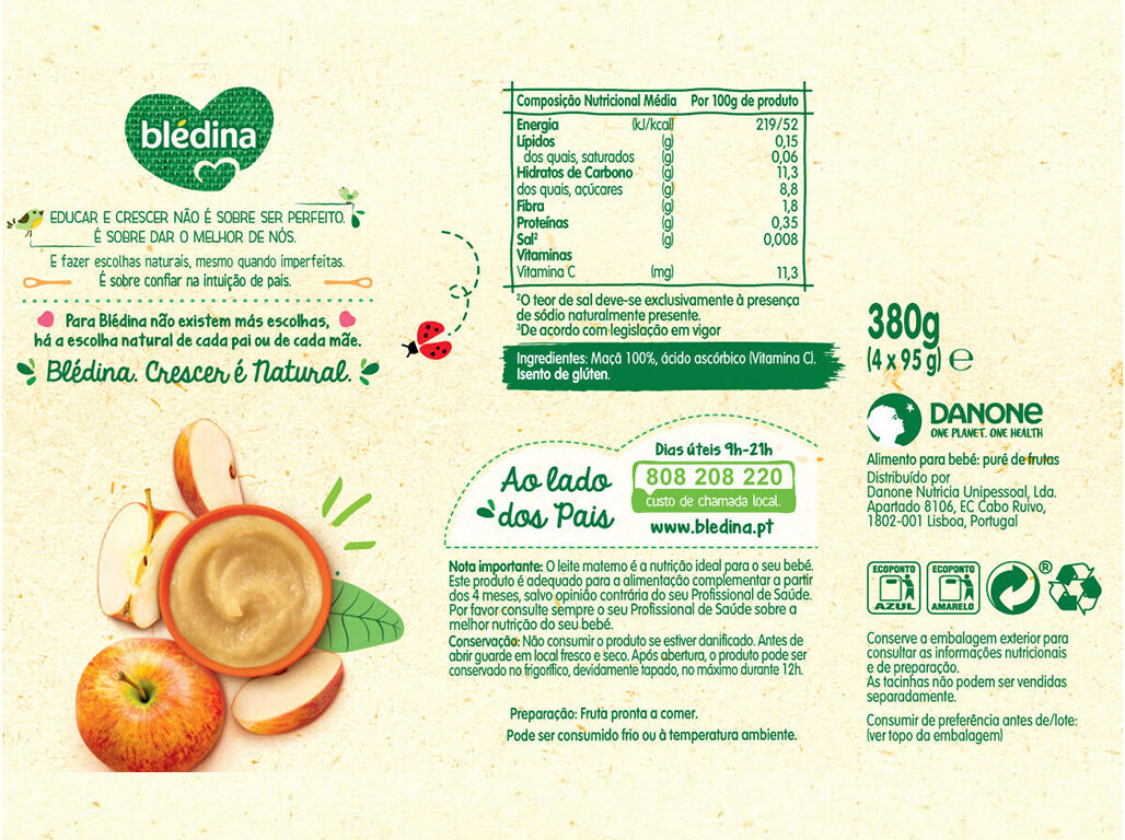 FRUTA BLEDINA 100% MA&Ccedil;&Atilde; 4X95G image number 1