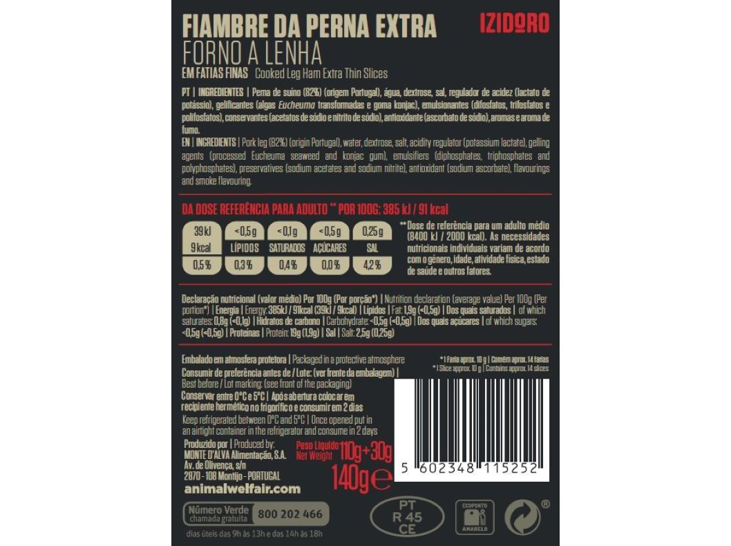 FIAMBRE DA PERNA EXTRA IZIDORO FL 110G+30G image number 1