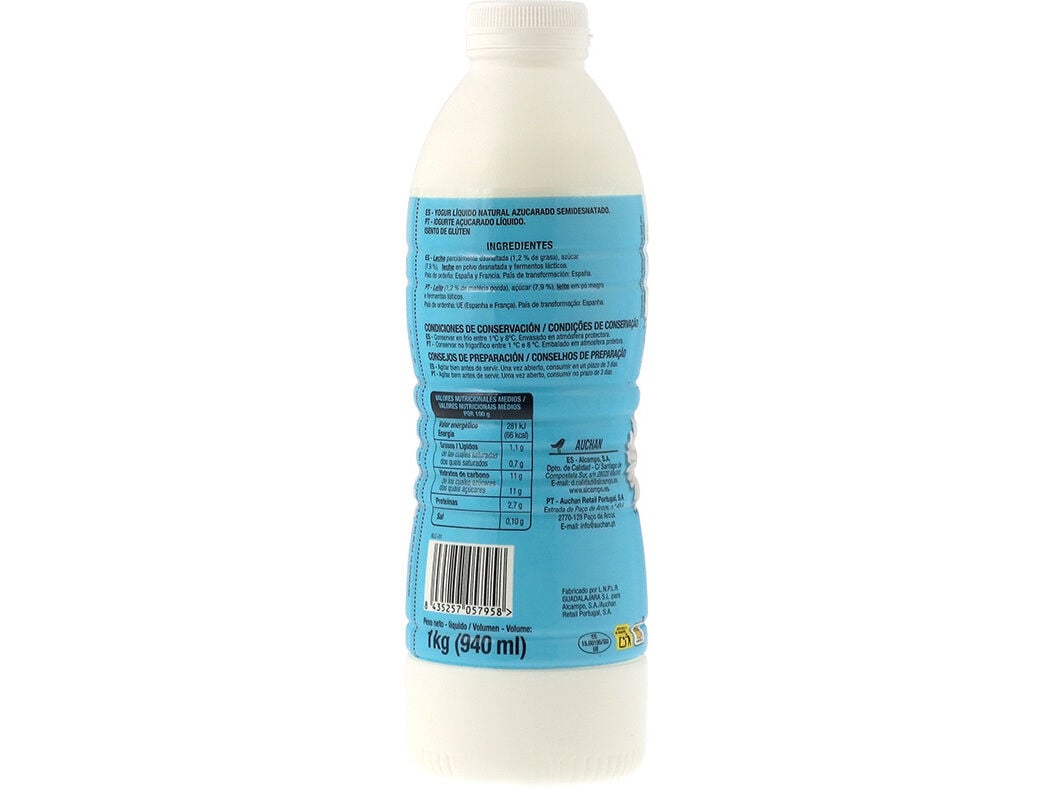 IOGURTE AUCHAN L&Iacute;QUIDO NATURAL A&Ccedil;&Uacute;CARADO SEM GL&Uacute;TEN 1KG image number 1