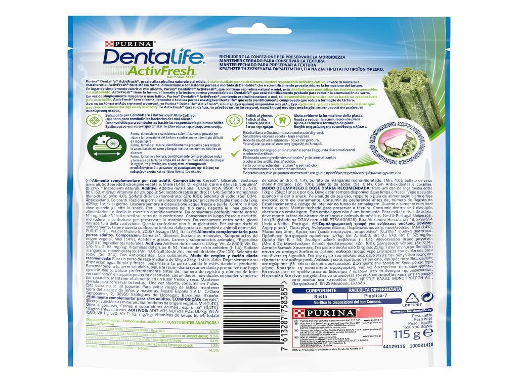 SNACK C&Atilde;O DENTALIFE ACTIVFRESH MED 115G 5UN image number 1