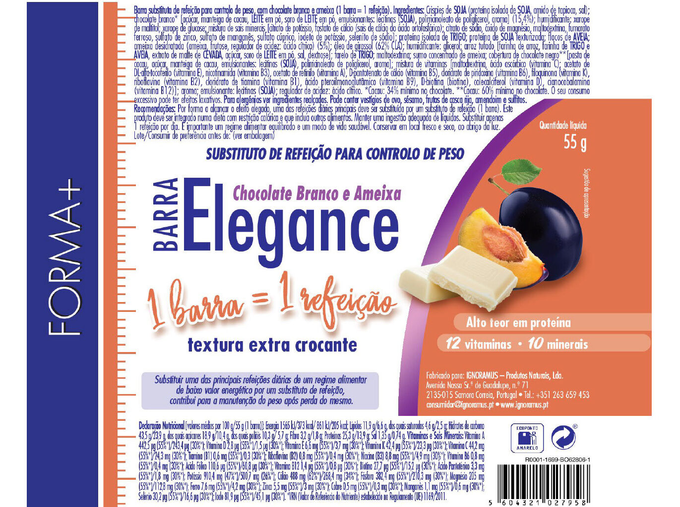 BARRA FORMA+ ELEGANCE PLUS CEREAIS AMEIXA CHOCOLATE BRANCO 55G image number 1