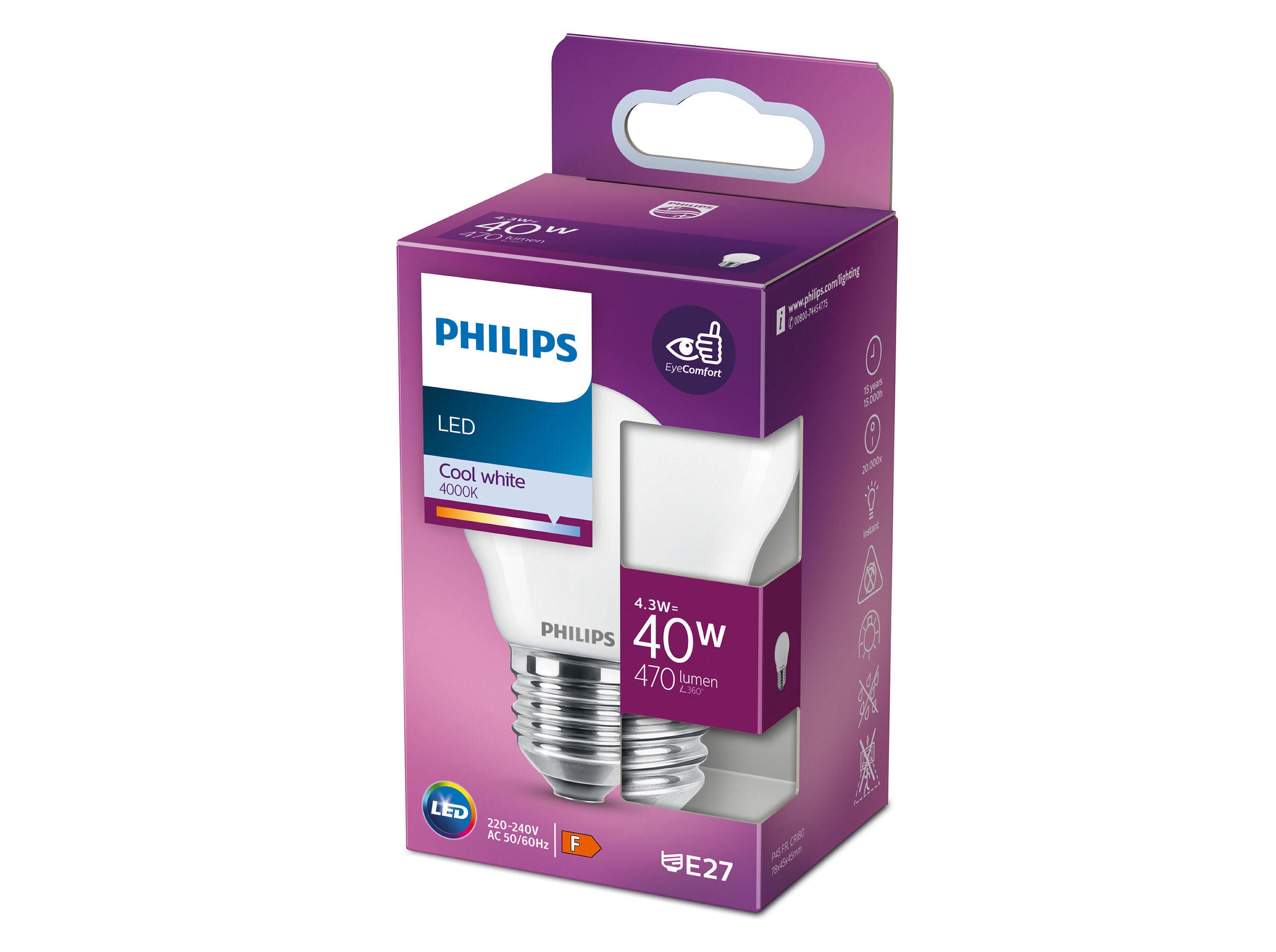 LEDS E27 CL&Aacute;SSICOS PHILIPS 40W 4000K P45 image number 0