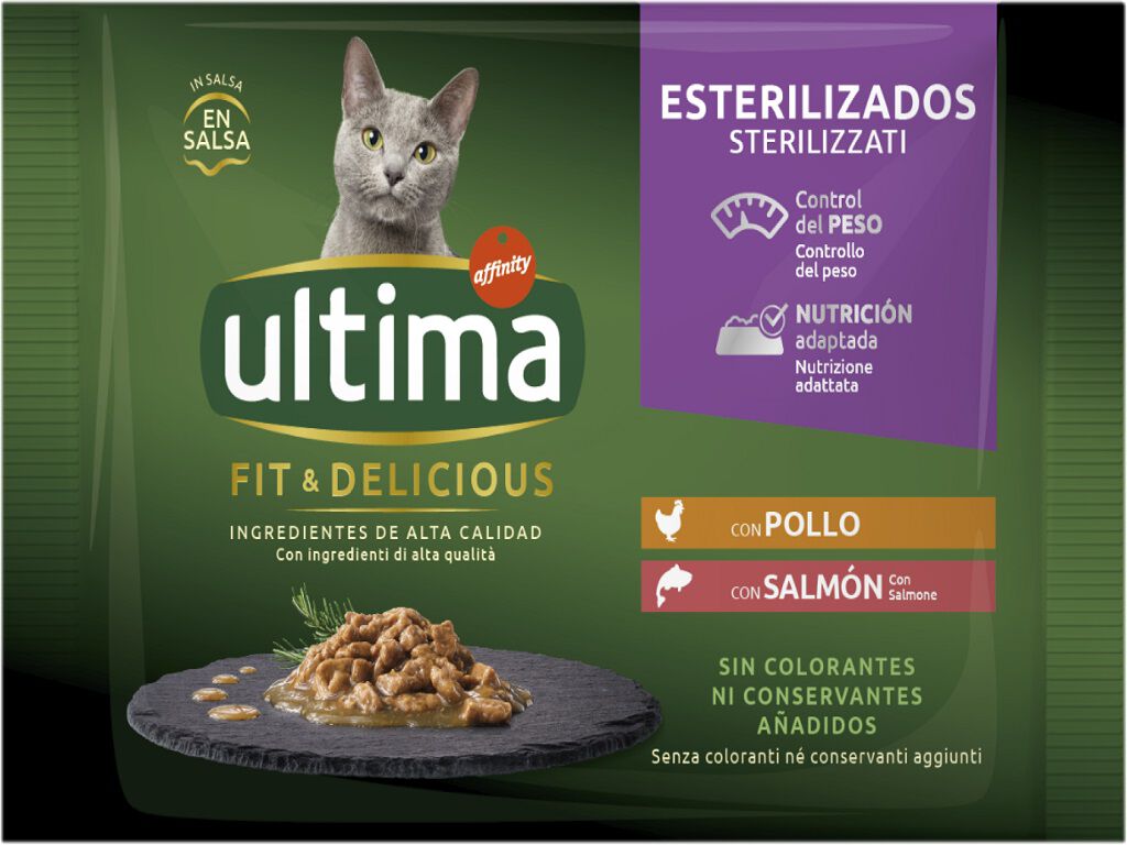 COMIDA H&Uacute;MIDA PARA GATO ULTIMA ESTERILIZADO FRANGO / SALM&Atilde;O 4X85G
