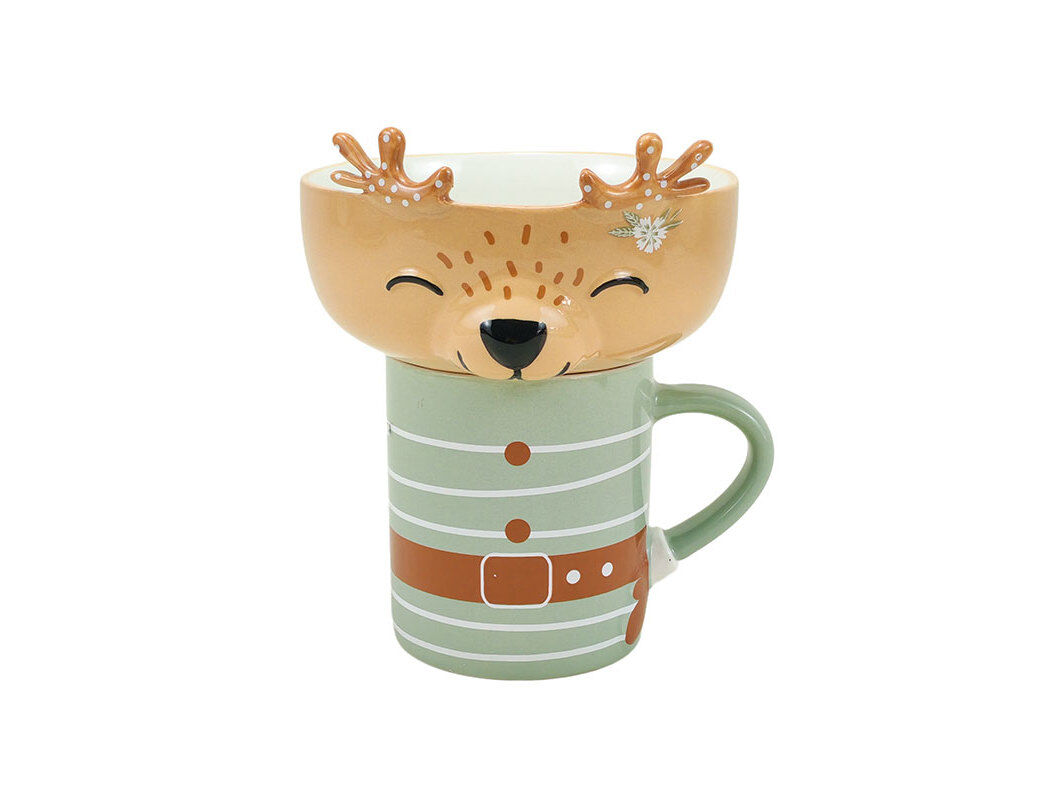 CONJUNTO CANECA PORCELANA 35 CL + TA&Ccedil;A 50 CL ACTUEL COM FACE 3D ALCE image number 0