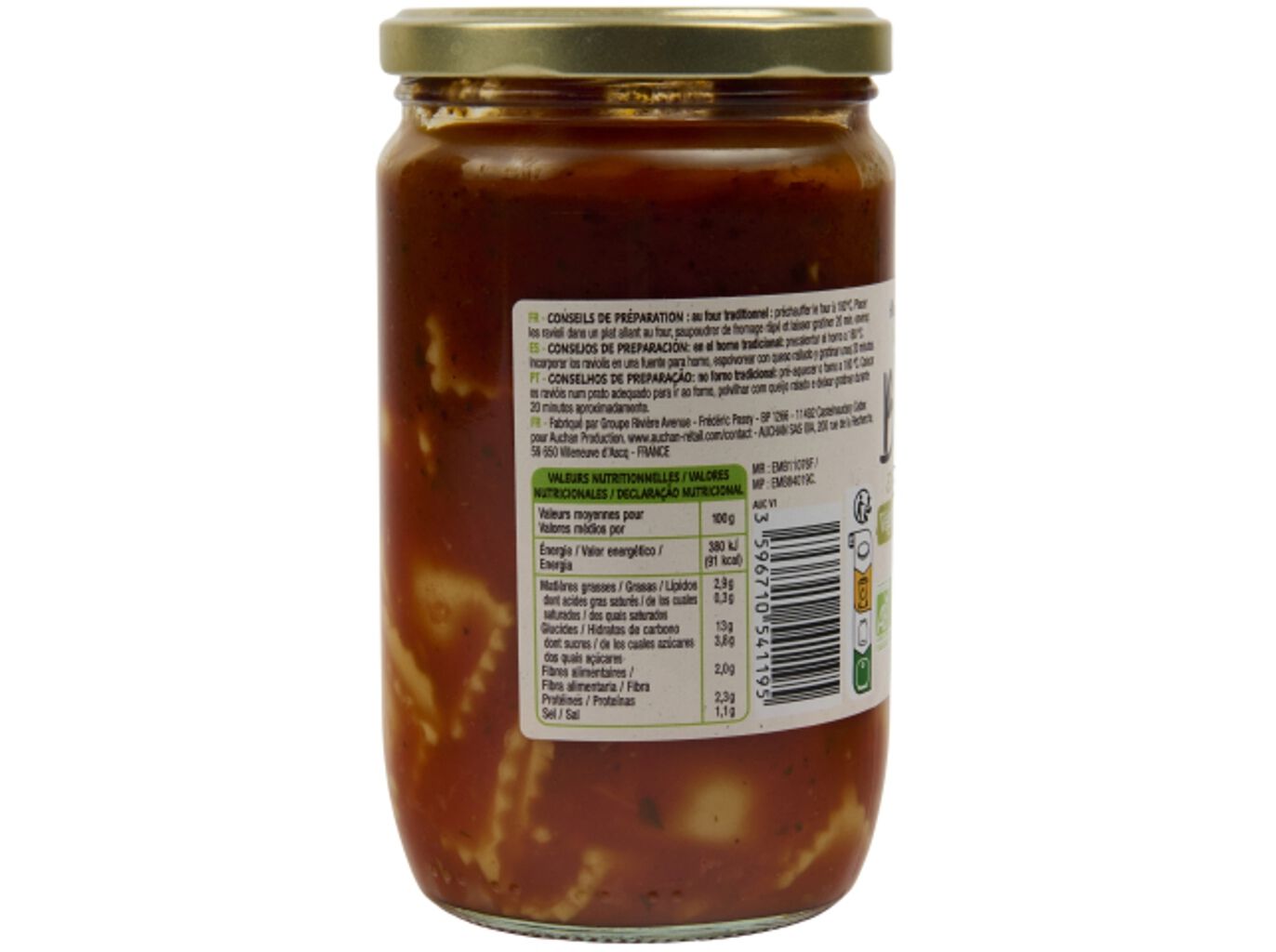 RAVIOLI AUCHAN BIO VEGETARIANO EM FRASCO 650G image number 2