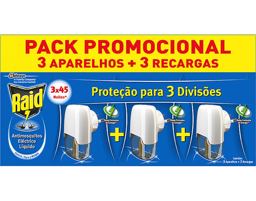 INSECTICIDA RAID EL&Eacute;CTRICO L&Iacute;QUIDO APARELHO 3X45NOITES 3X27ML image number 0