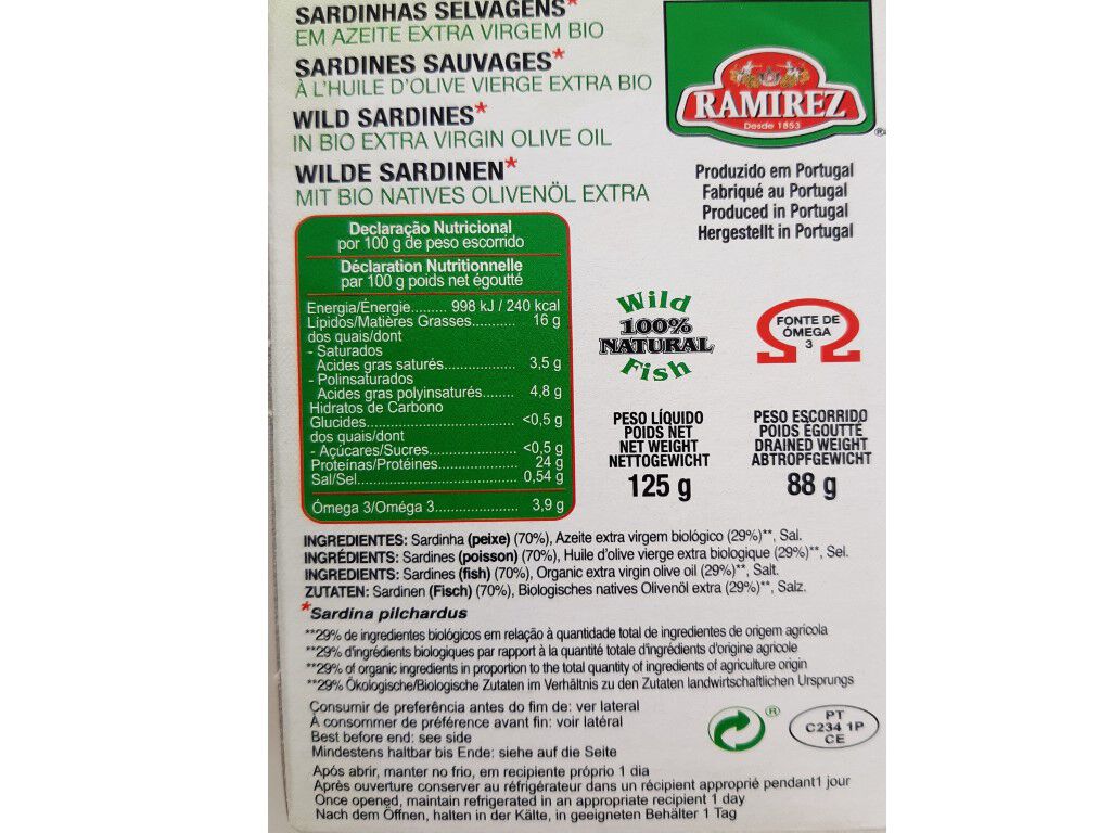 SARDINHAS RAMIREZ CONSERVA EM AZEITE BIO 125G image number 1