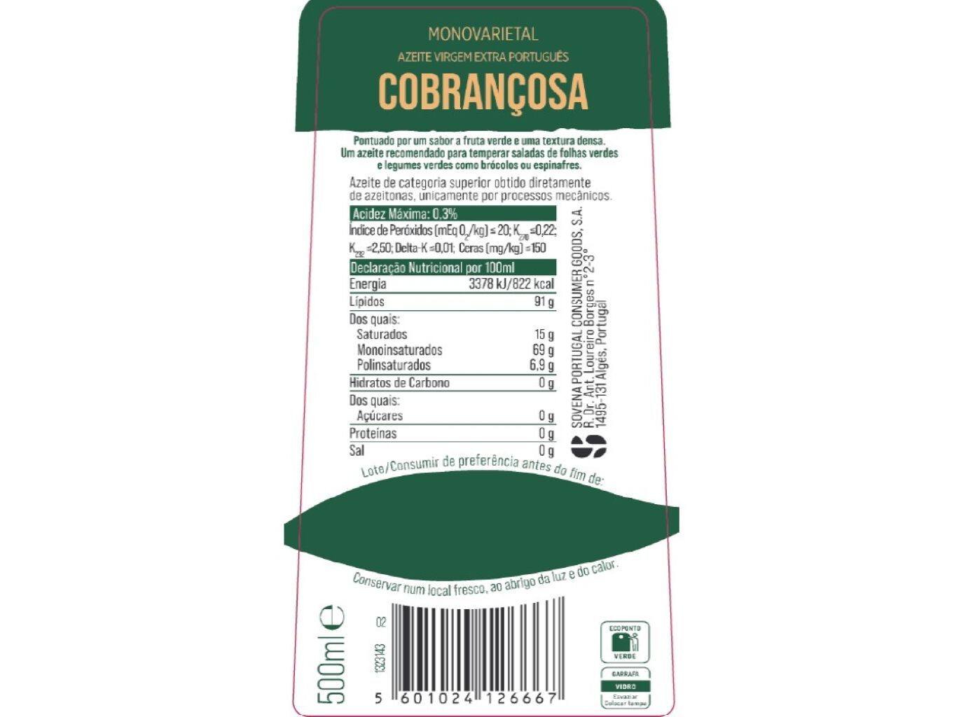 AZEITE VIRGEM EXTRA OLIVEIRA DA SERRA COBRANCOSA 500ML image number 1