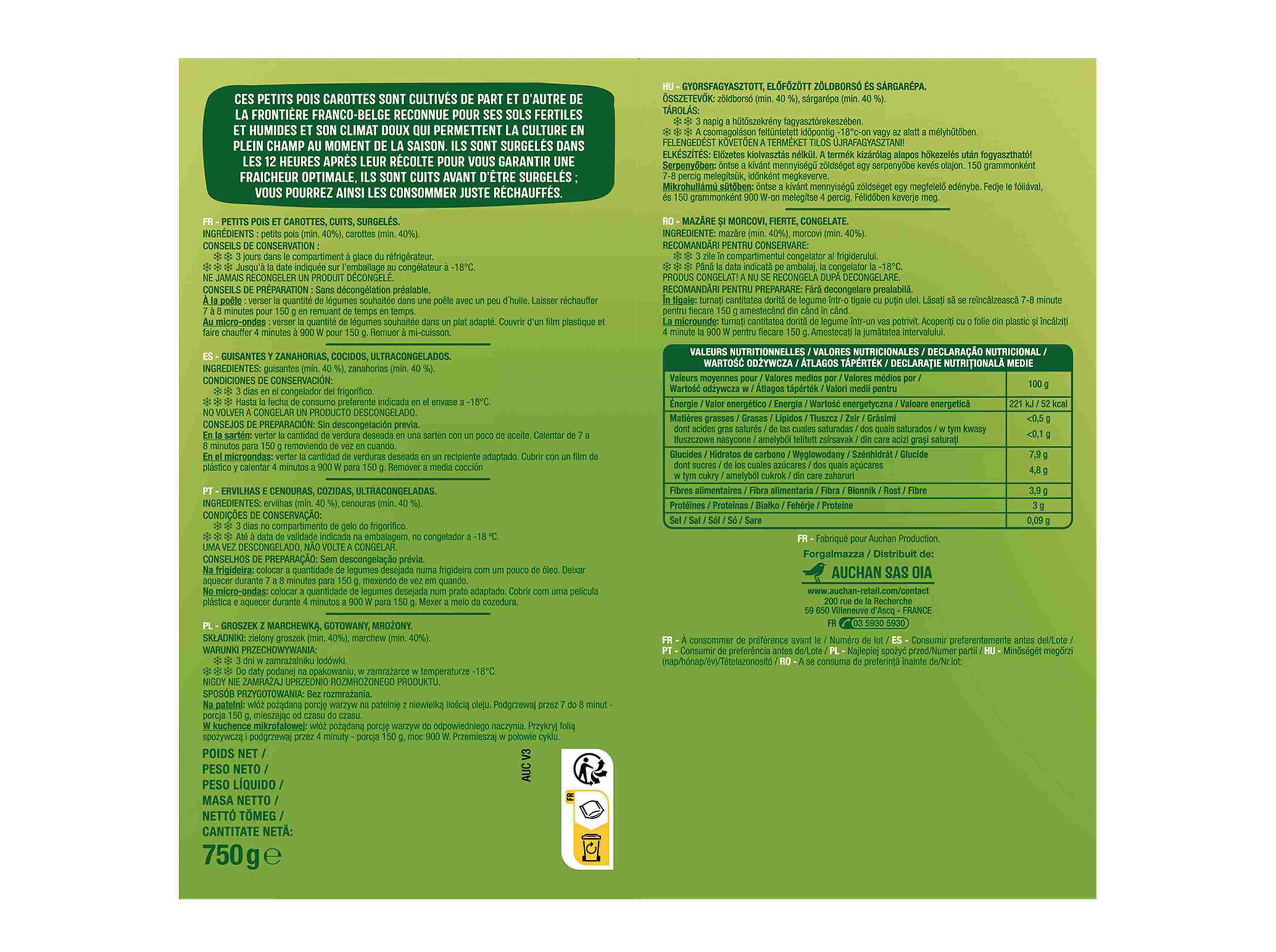 ERVILHAS E CENOURAS AUCHAN COZIDAS ULTRACONGELADAS 750G image number 1