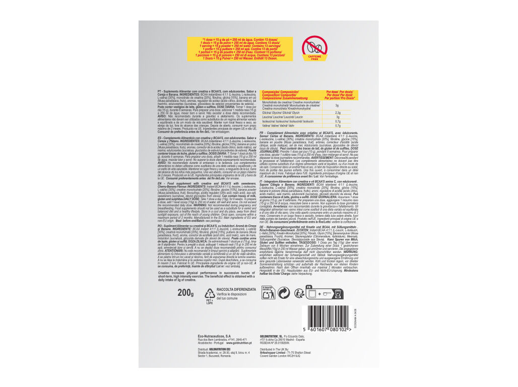 CREATINA + GOLD NUTRITION BCAA CEREJA BANANA 200G image number 1