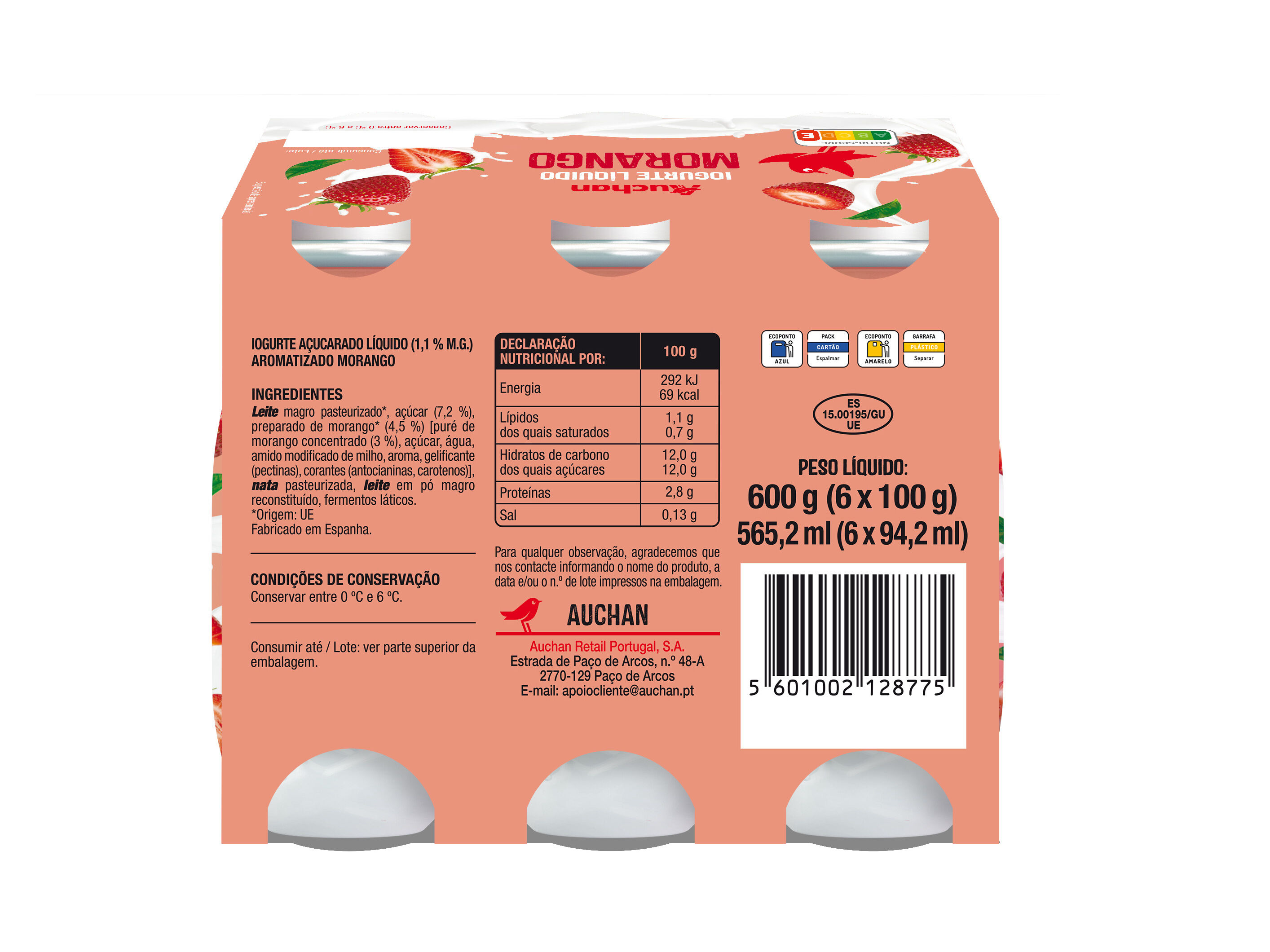 IOGURTE L&Iacute;QUIDO PETIT AUCHAN MORANGO 6X100G image number 1