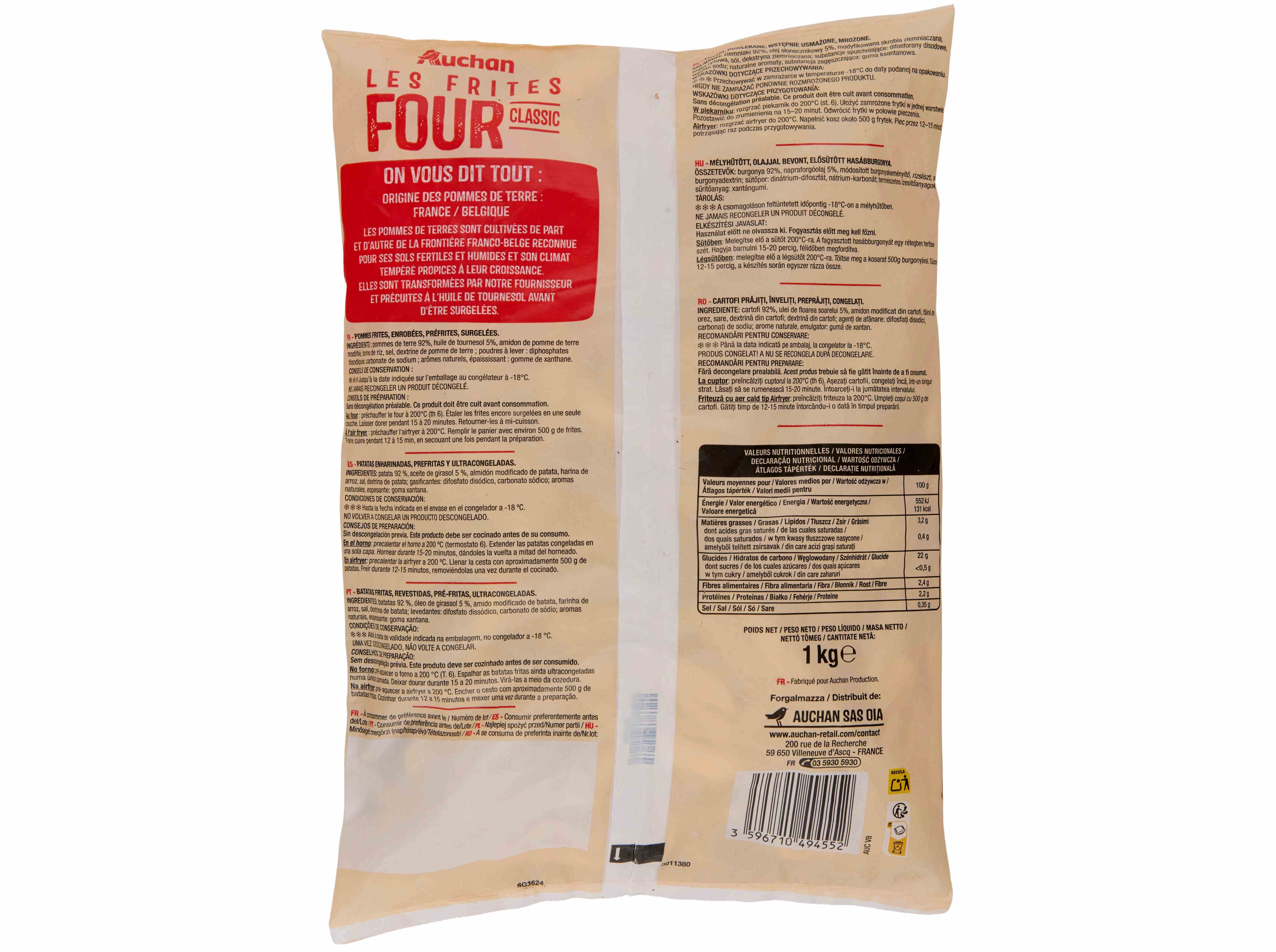 BATATAS PR&Eacute;-FRITAS AUCHAN PALITOS PARA FORNO E AIRFRYER 1KG image number 1