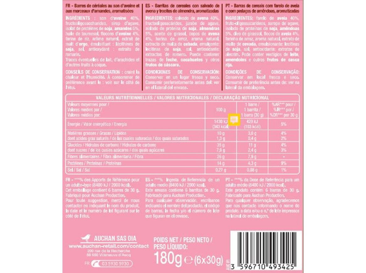 BARRAS CEREAIS AUCHAN LESS SUGAR AVEIA/AM&Ecirc;ND 6UN 180G image number 1