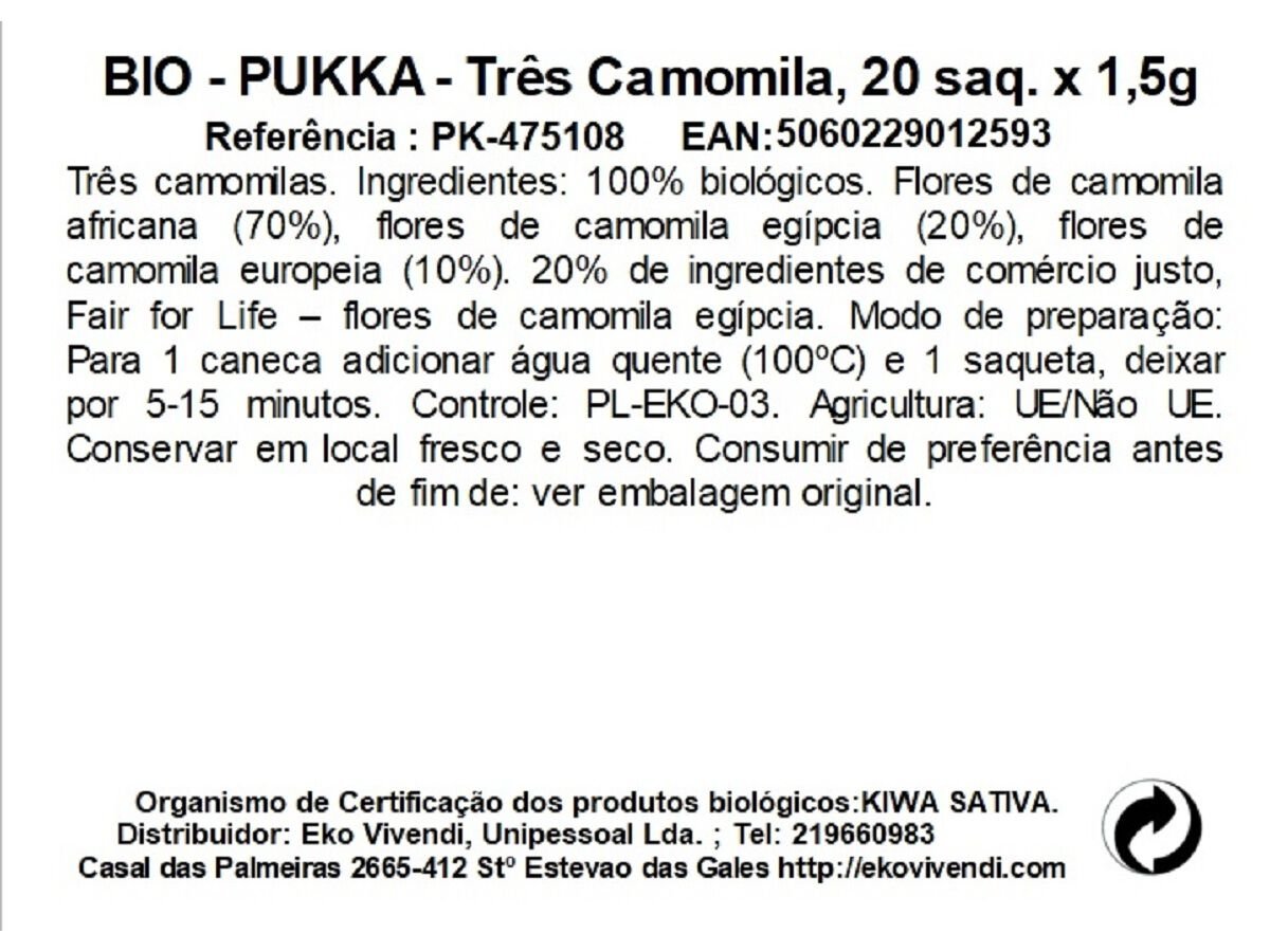 CH&Aacute; BIO PUKKA 3 CAMOMILAS 20 SAQUETAS image number 1