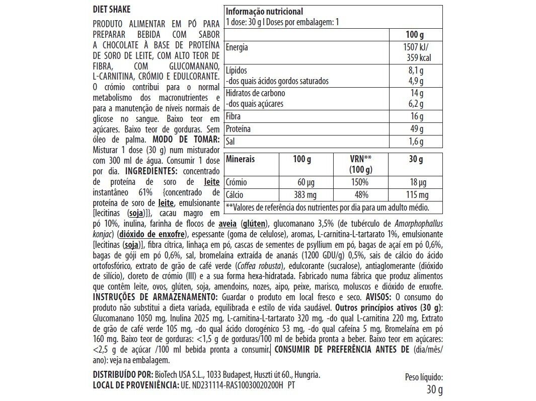 BATIDO DIETA BIOTECH USA CHOCOLATE 30G image number 1