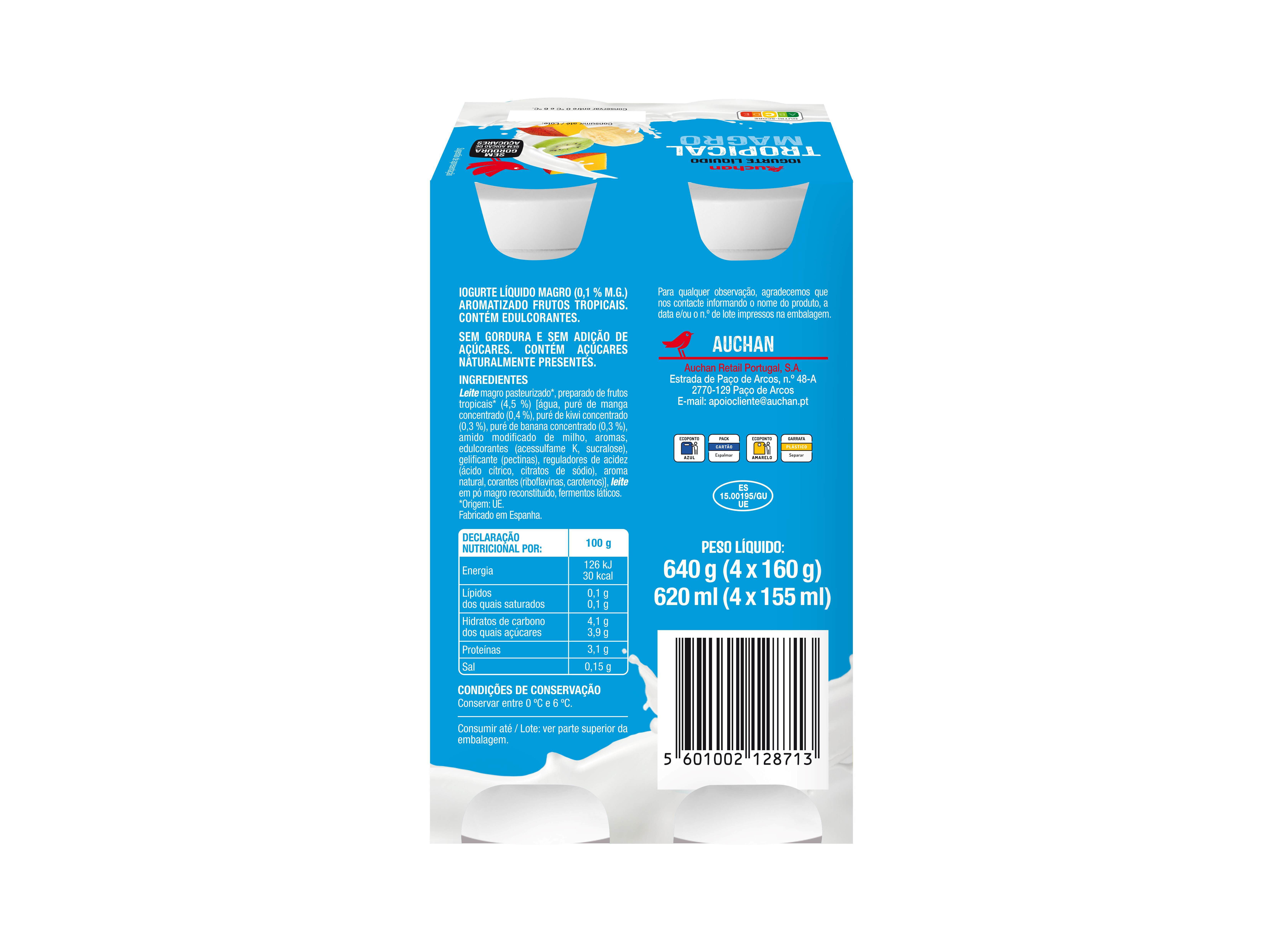 IOGURTE L&Iacute;QUIDO MAGRO AUCHAN TROPICAL 4X160G image number 1