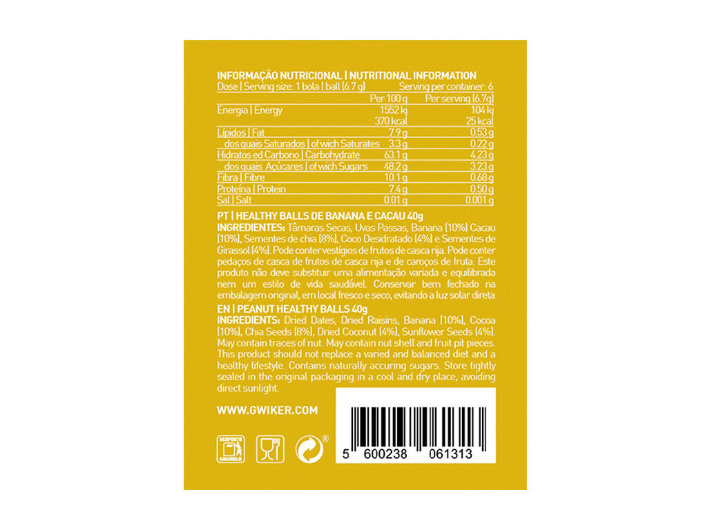 HEALTHY BALLS GWIKER BANANA E CACAU 40G image number 1