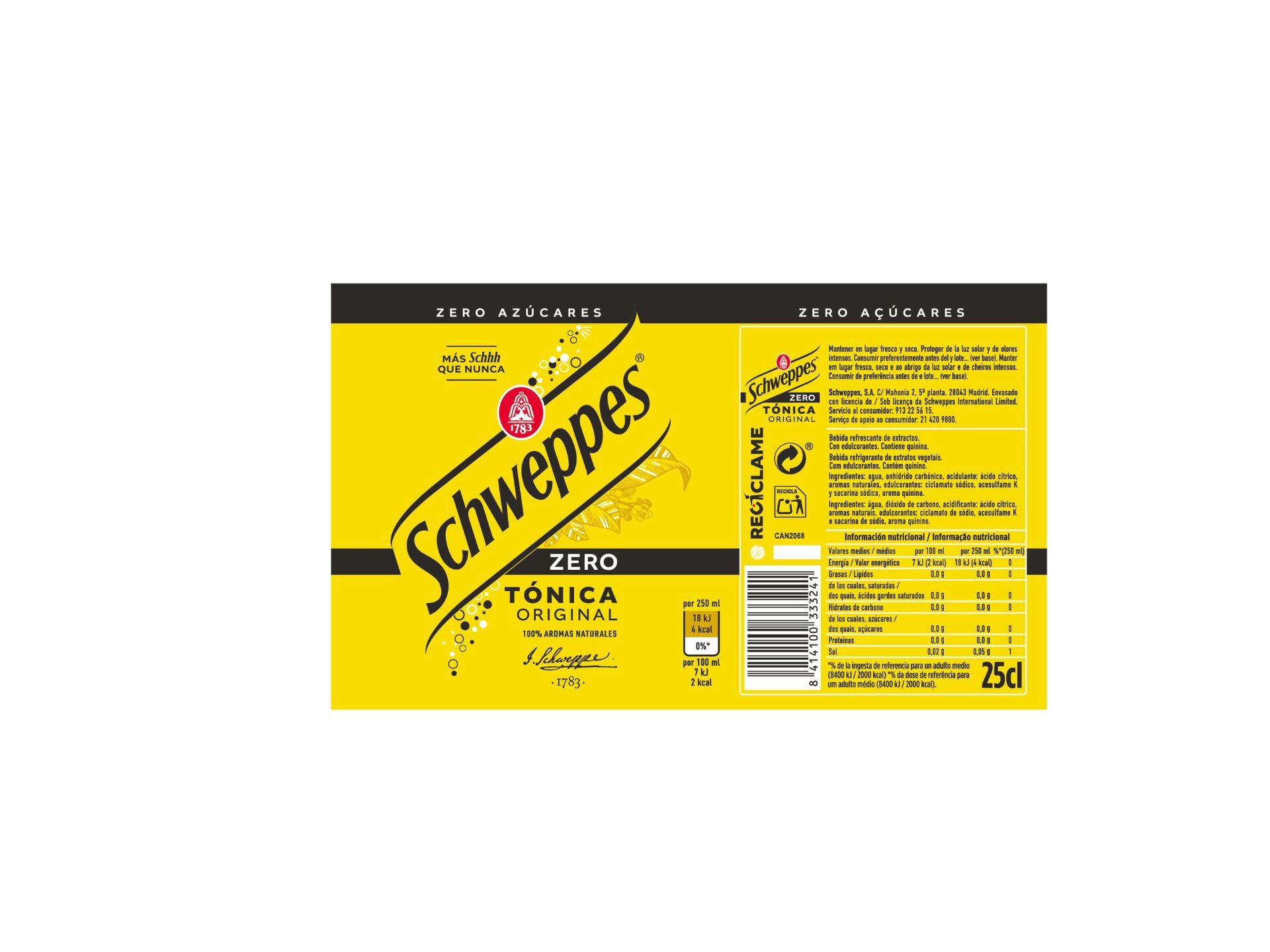 &Aacute;GUA T&Oacute;NICA SCHWEPPES ZERO LATA 0.25L image number 1