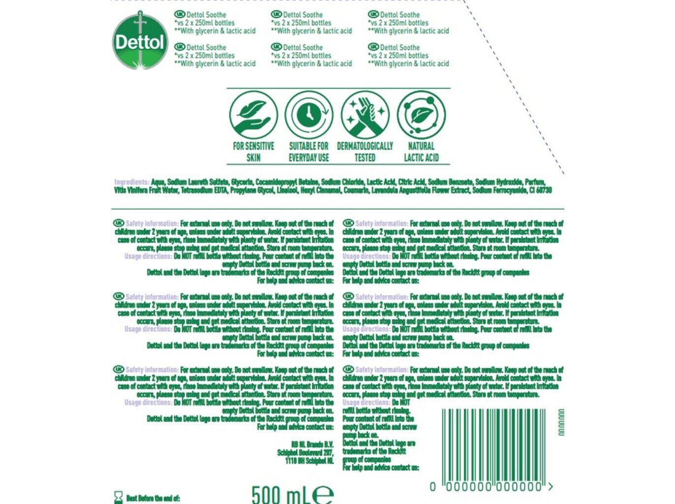 SABONETE L&Iacute;QUIDO DETTOL LAVANDA ECO PACK 500ML image number 1