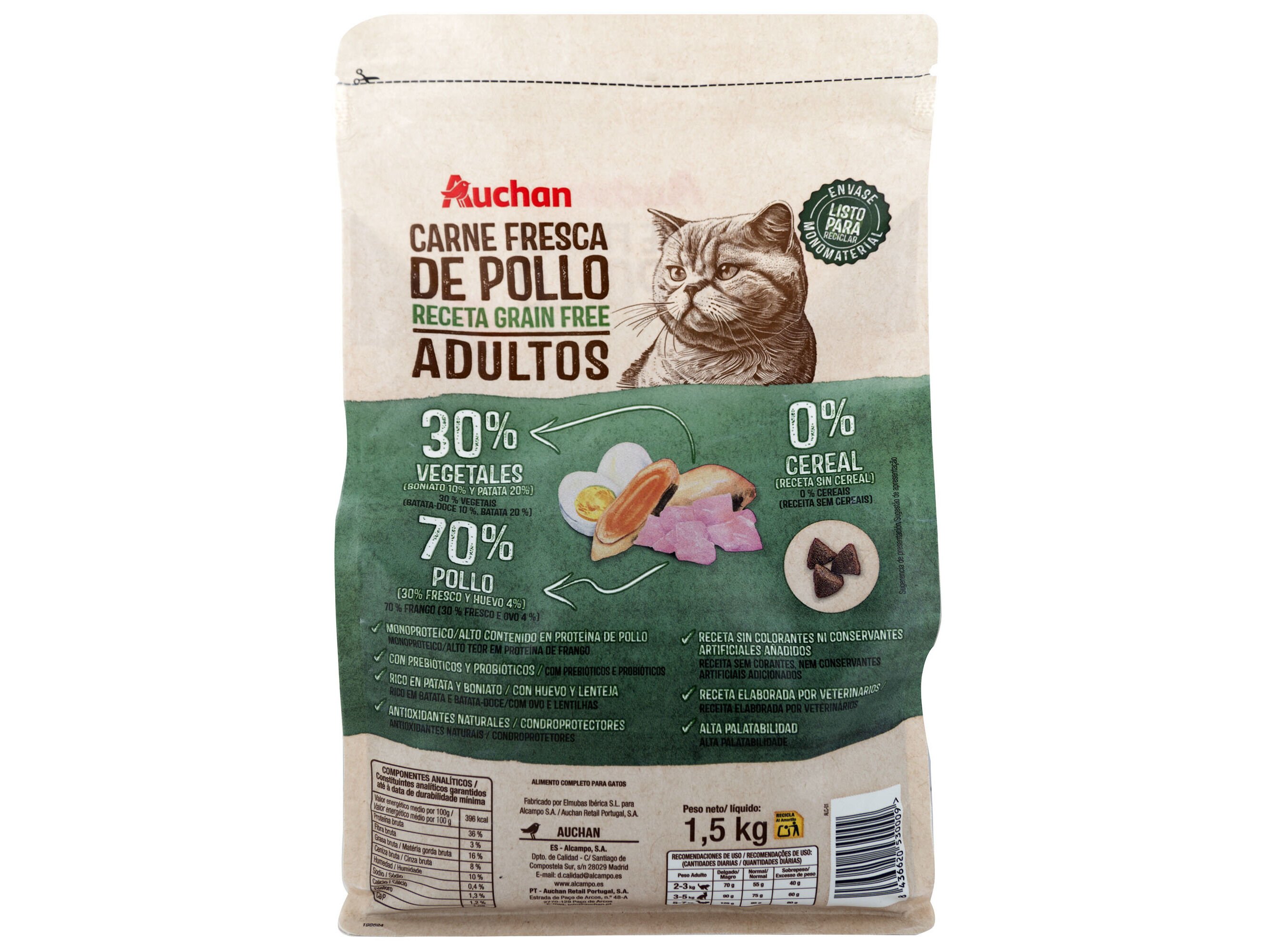 RA&Ccedil;&Atilde;O PARA GATO AUCHAN GRAIN FREE FRANGO FRESCO 1.5KG image number 1