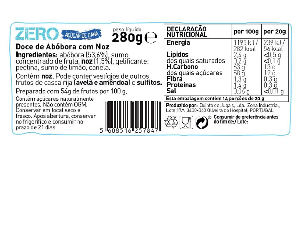 DOCE ZERO JUGAIS ABOBORA NOZ 280G image number 1