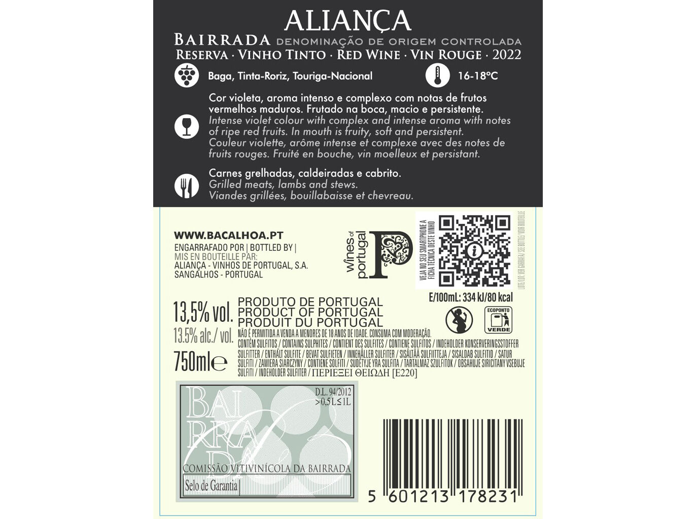 VINHO TINTO ALIAN&Ccedil;A RESERVA DOC BAIRRADA 0.75L image number 1