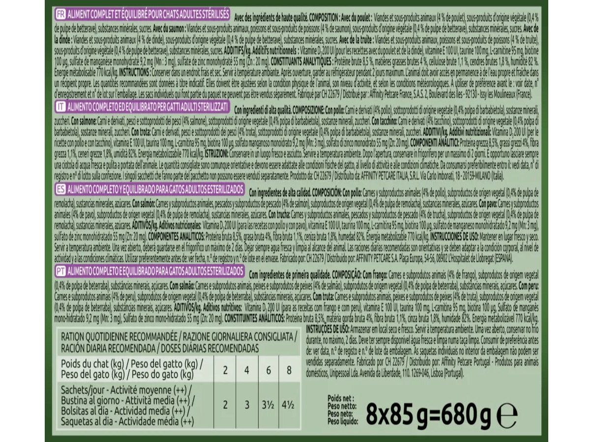 COMIDA H&Uacute;MIDA GATO ULTIMA ESTERILIZADO FRANGO/PERU/SALM&Atilde;O/TRUTA 8X85G image number 1