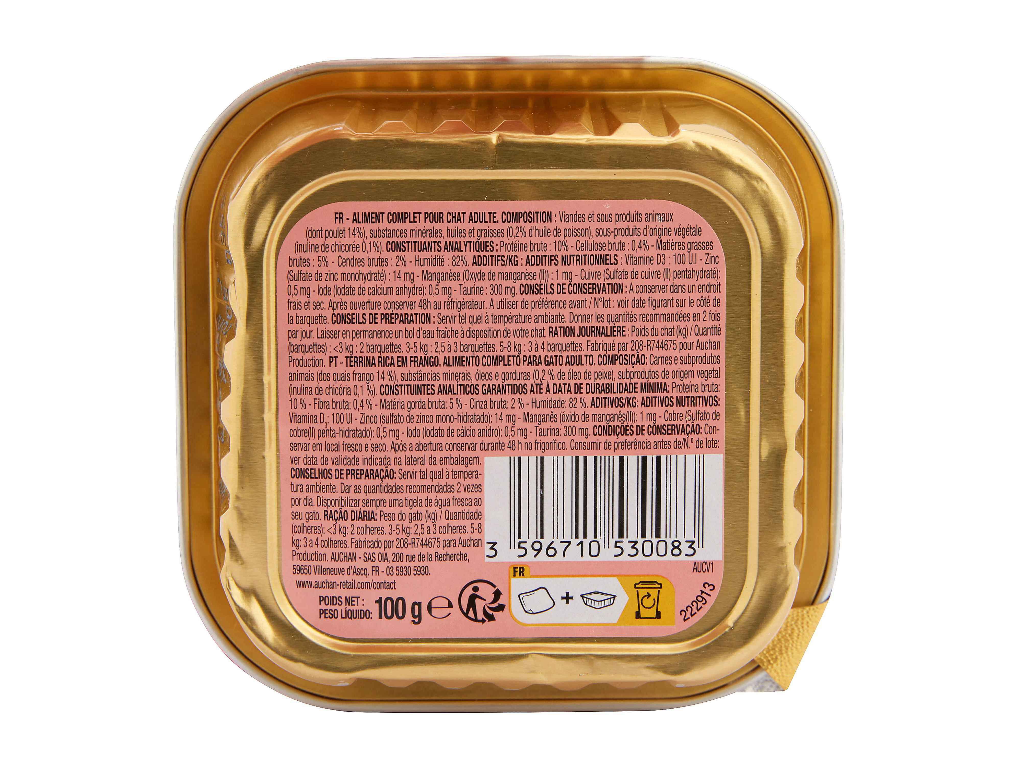 COMIDA H&Uacute;MIDA PARA GATO AUCHAN TERRINA RICO EM FRANGO 100G image number 2