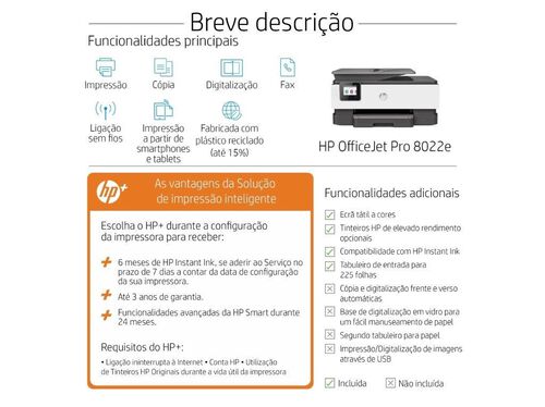 IMPRESSORA MULTIFUNÇÕES HP OFFICEJET PRO 8022E - 6 MESES DE INSTANT INK INCLUÍDOS COM HP+