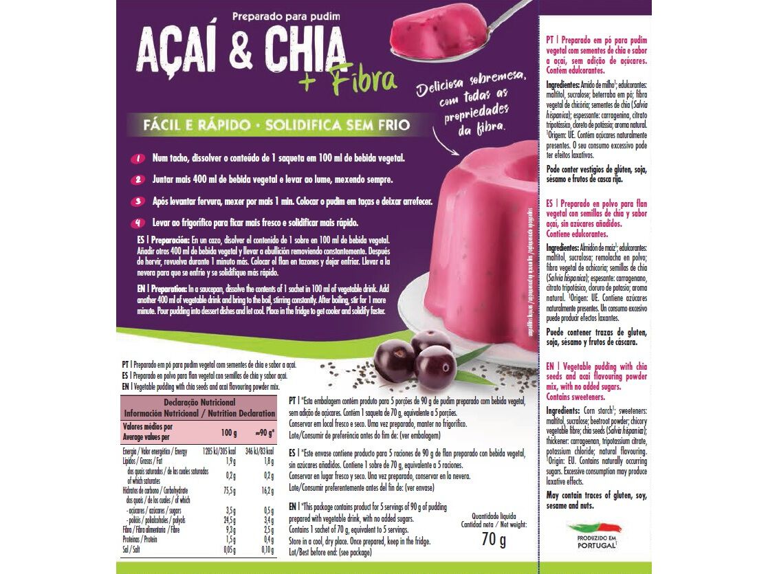 PREPARADO PUDIM CEM PORCENTO A&Ccedil;A&Iacute; CHIA SEM A&Ccedil;&Uacute;CAR 70G image number 1