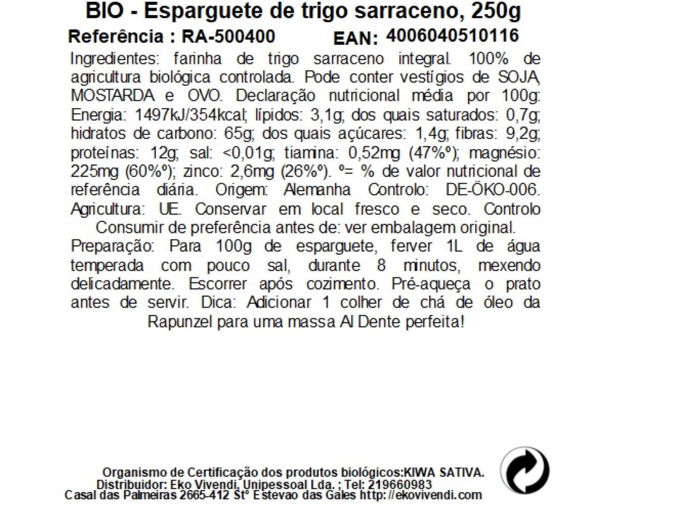 ESPARGUETE BIO RAPUNZEL TRIGO SARRACENO 250G image number 1