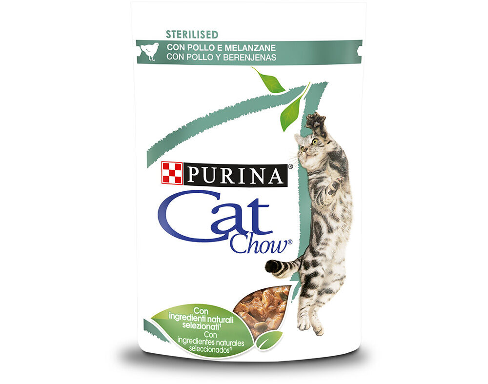 COMIDA H&Uacute;MIDA PARA GATO CAT CHOW ESTERILIZADO COM FRANGO E BERINGELA 85G