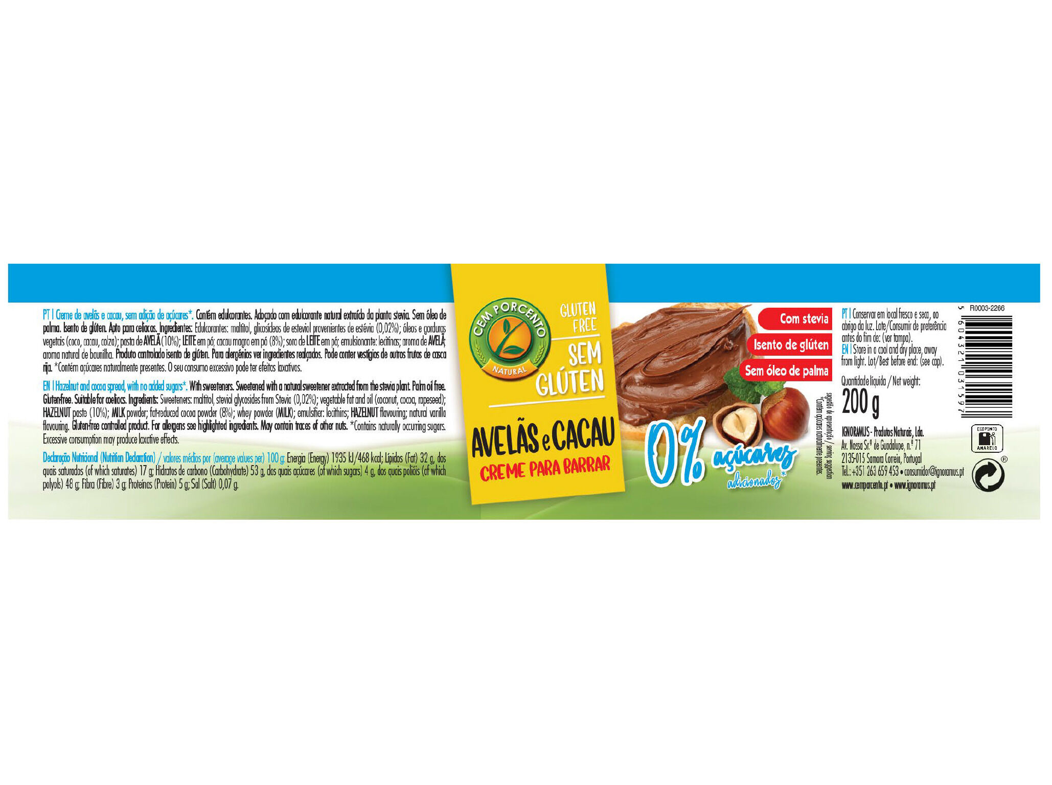 CREME CEM PORCENTO AVEL&Atilde; CACAU SEM A&Ccedil;&Uacute;CAR 200G image number 1