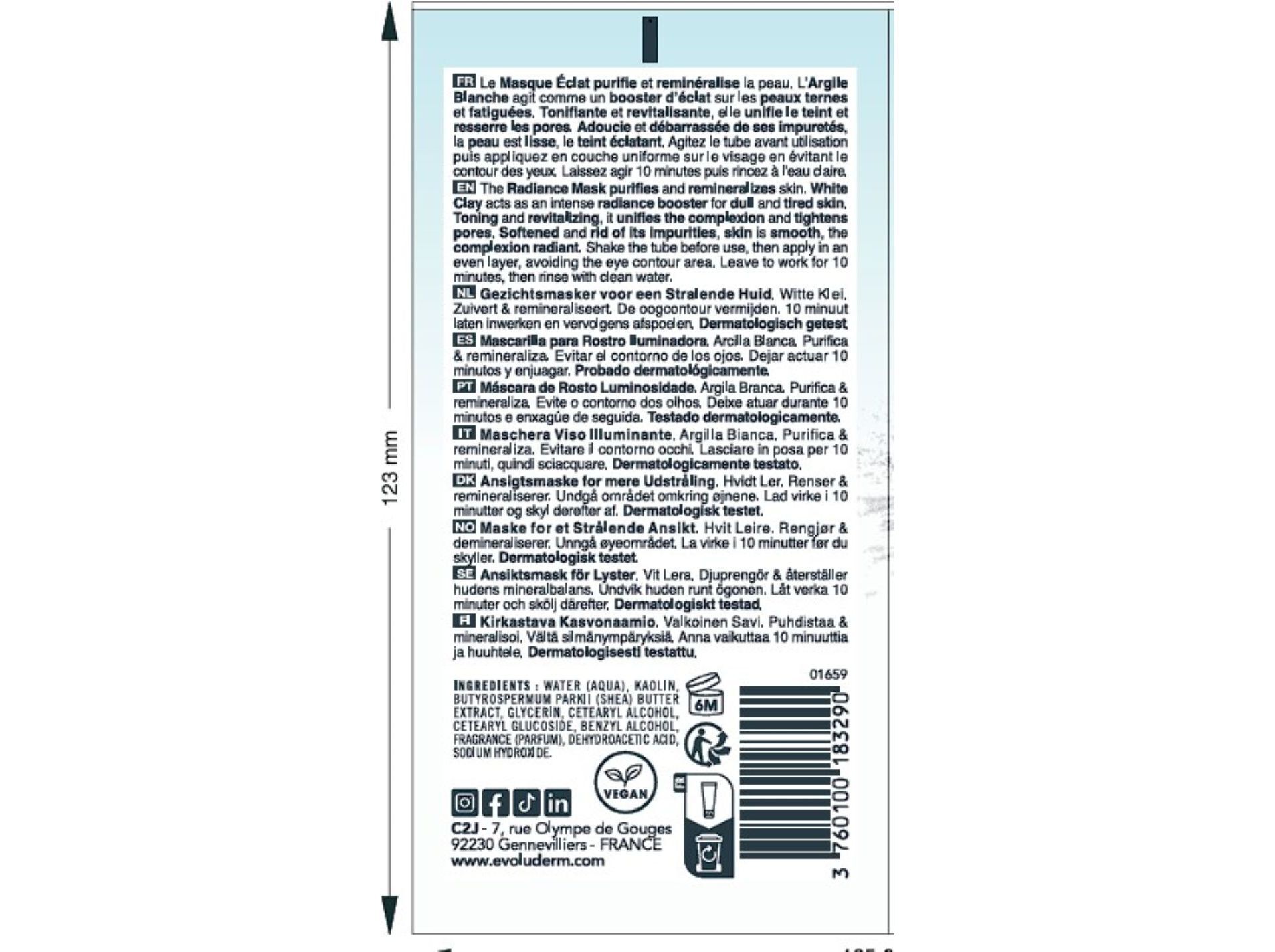 M&Aacute;SCARA FACIAL EVOLUDERM ARGILA BRANCA 100 ML image number 1