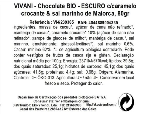 CHOCOLATE VIVANI PRETO CARAMELO SALGADO BIO 80G