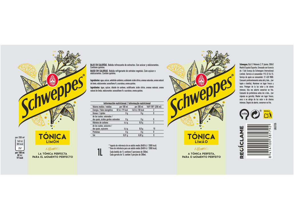 &Aacute;GUA T&Oacute;NICA SCHWEPPES LIM&Atilde;O 1L (SDR) image number 1