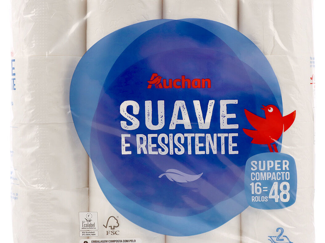 PAPEL HIGI&Eacute;NICO AUCHAN SUAVE E RESISTENTE FOLHA DUPLA SUPER COMPACTO 16 ROLOS = 48 ROLOS image number 0