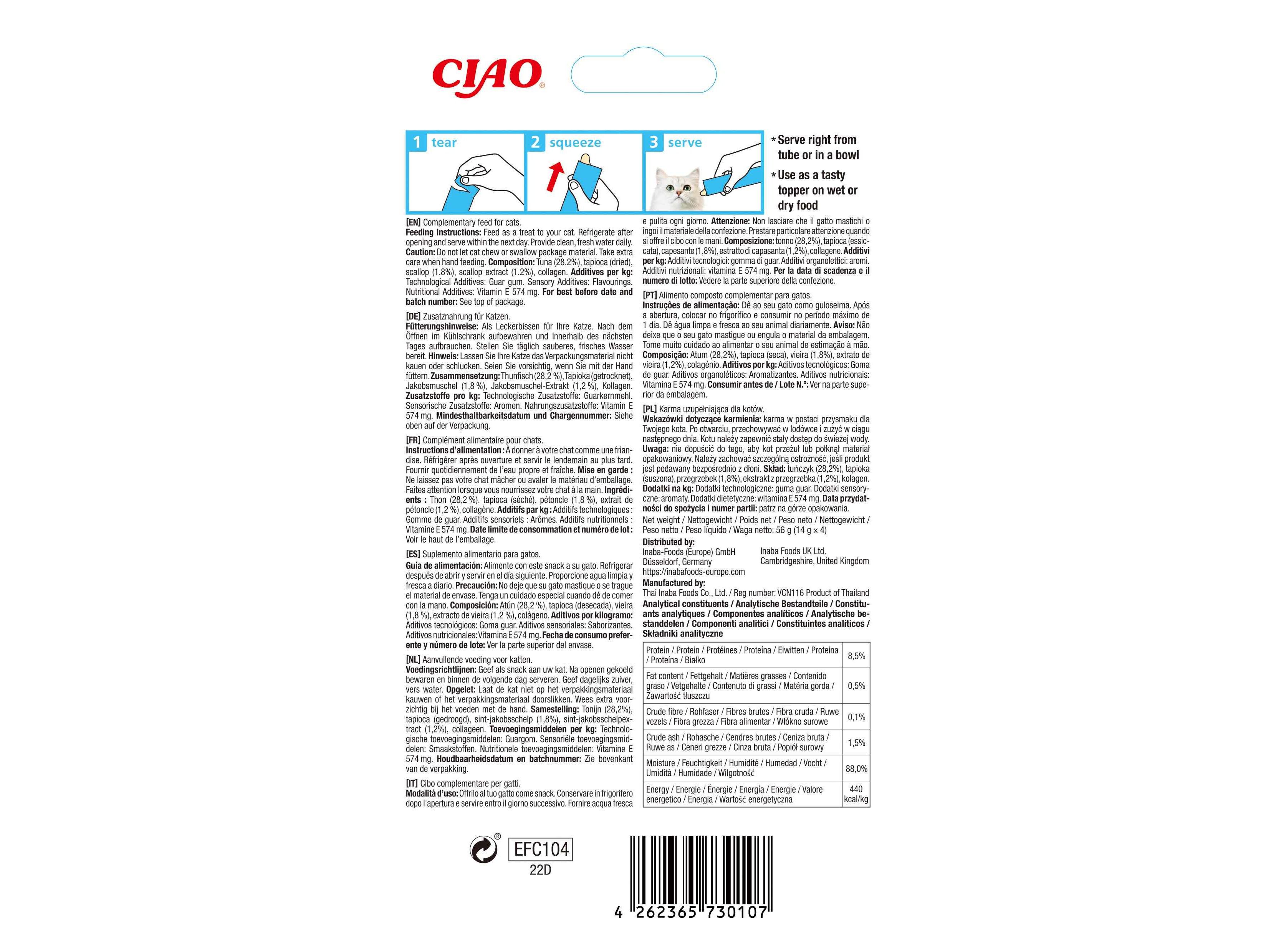 SNACK PARA GATO CIAO CHURU ATUM / VIEIRAS 4X14G image number 1