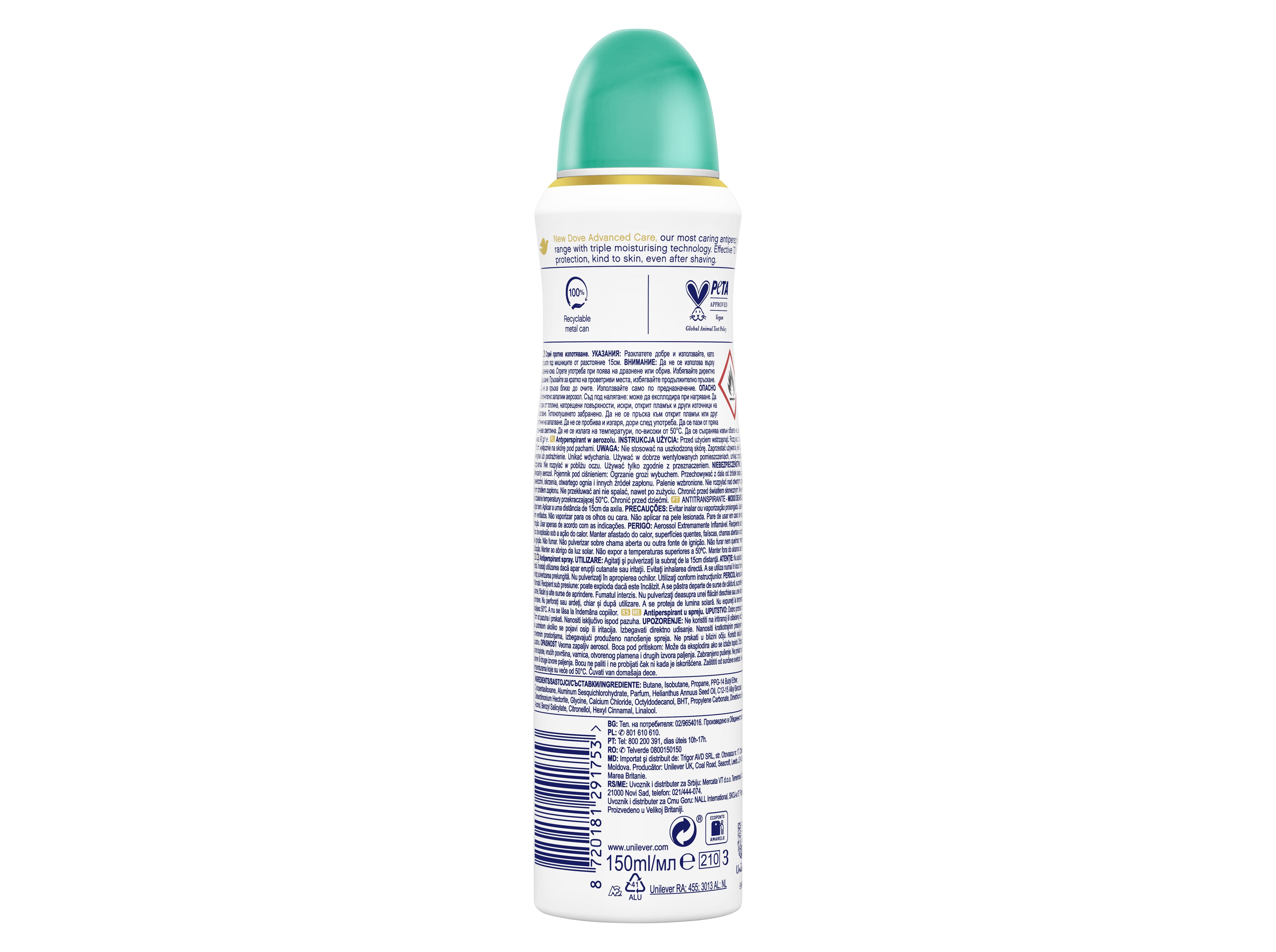 DESODORIZANTE SPRAY DOVE PEAR & ALOE VERA 72H 150ML image number 1